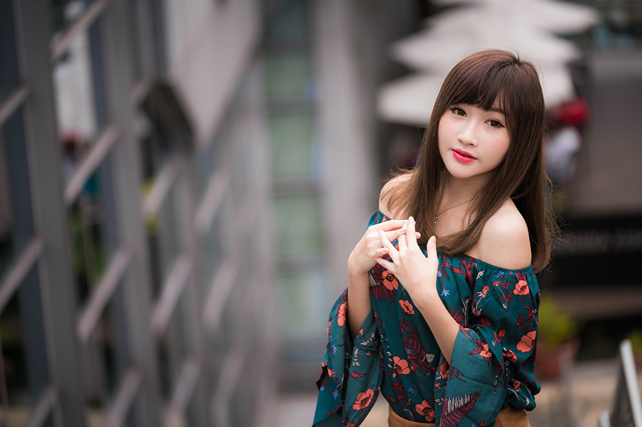 Image Brown haired Bokeh pretty female Asiatic Hands Glance