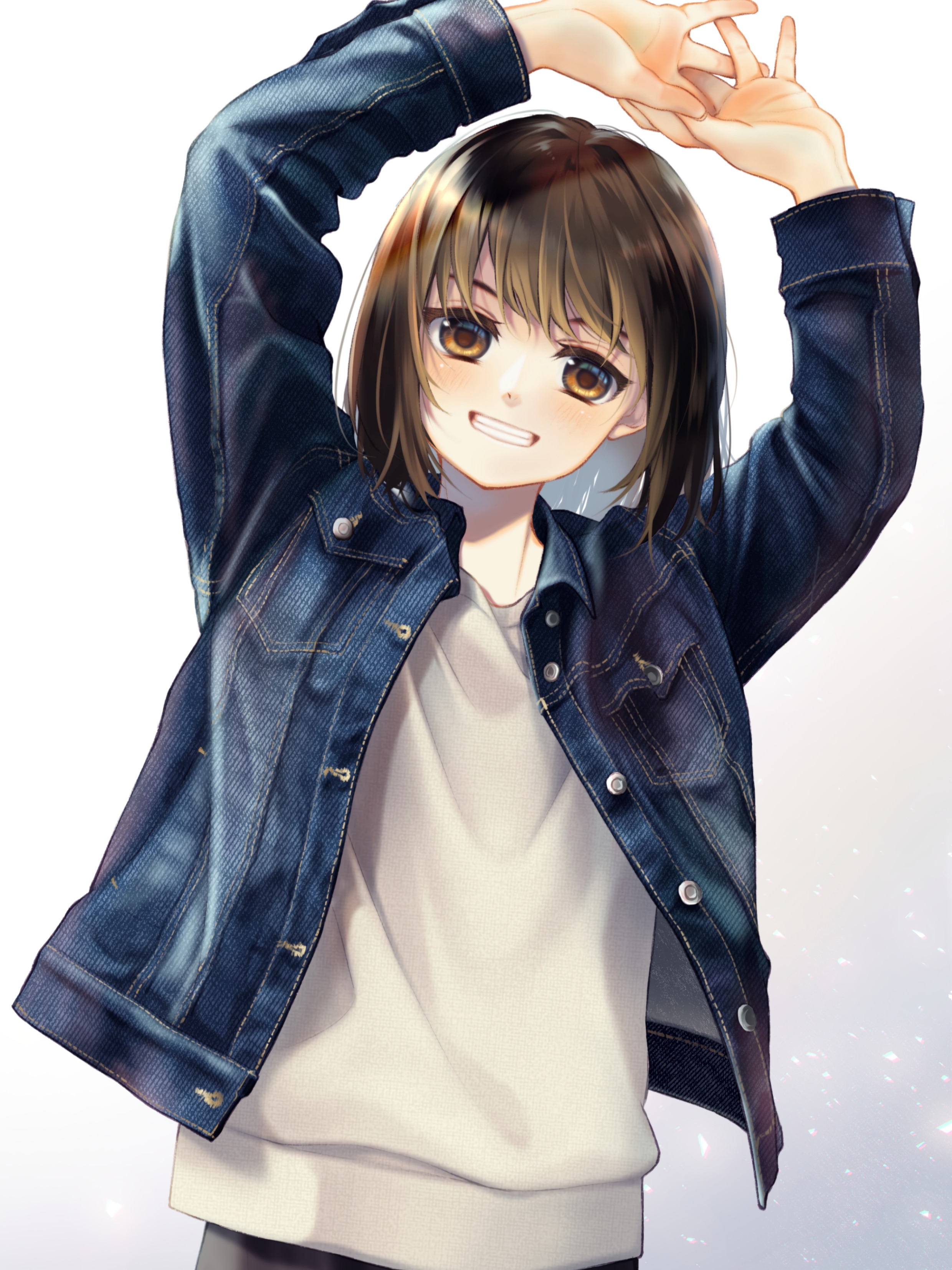 Download 2480x3308 Cute Anime Girl, Short Brown Hair, Big Smile, Jacket Wallpaper
