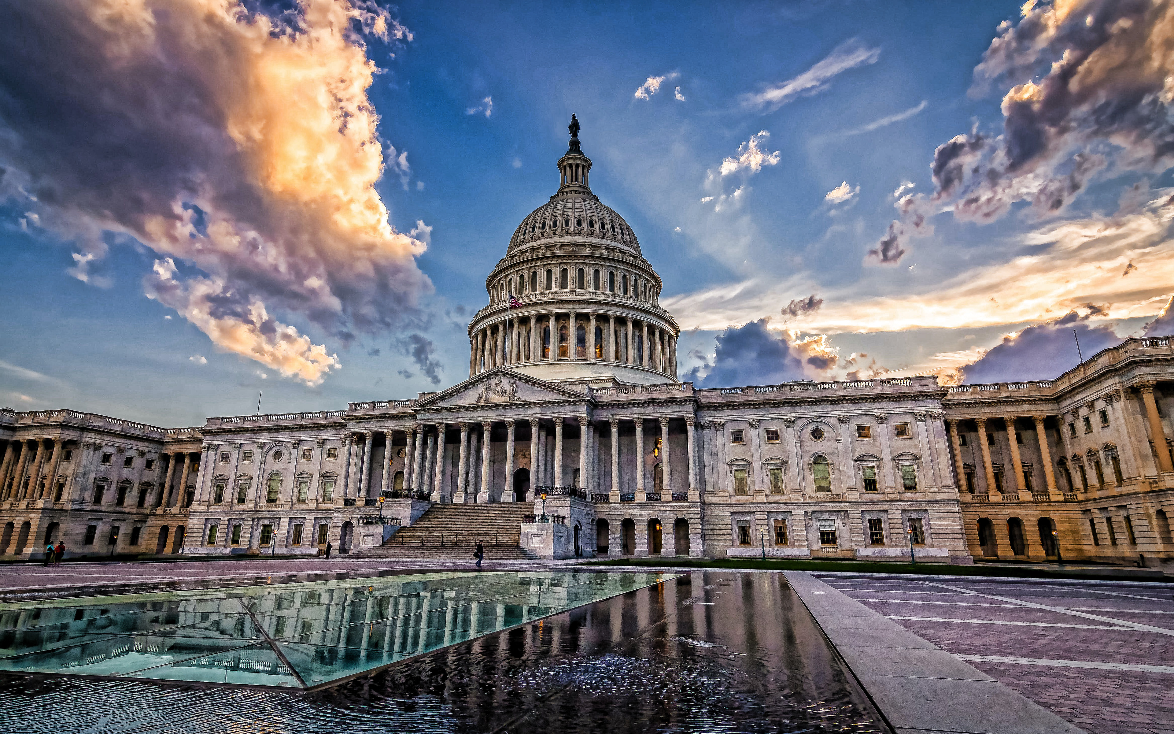 Download wallpaper United States Capitol, evening, sunset, fountain, Capitol Building, United States Congress, Washington, USA for desktop with resolution 3840x2400. High Quality HD picture wallpaper
