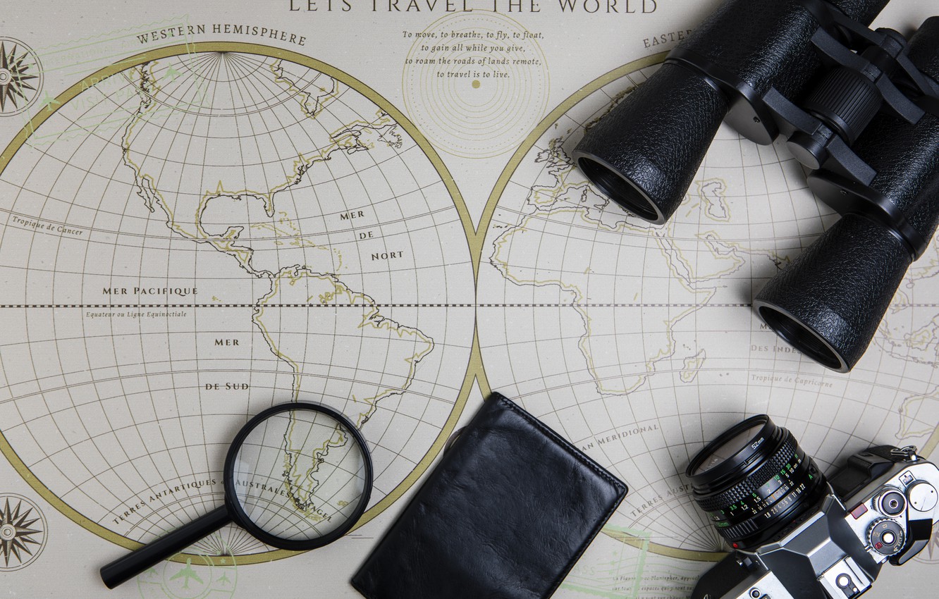 Wallpaper map, the camera, binoculars, magnifier, passport image for desktop, section разное