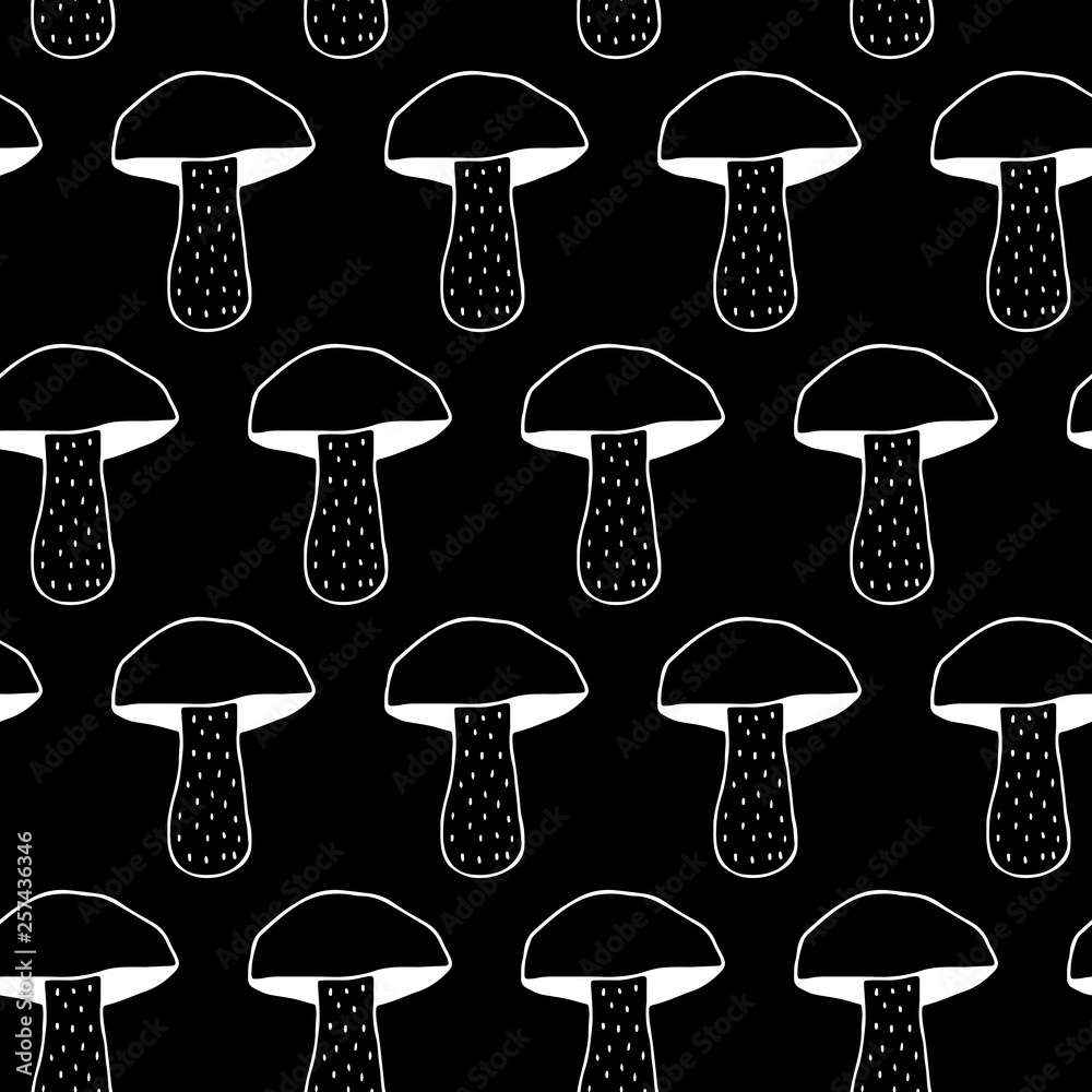 Cute cartoon mushroom background with hand drawn mushrooms. Sweet vector black and white mushroom background. Seamless monochrome doodle mushroom background for textile, wallpaper and wrapping paper. Stock Vector