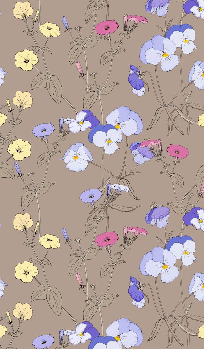 Pansies and petunias vector seamless pattern. Brown shades of pattern for textile. Cute wallpaper background, iPhone wallpaper tumblr aesthetic, Flower wallpaper