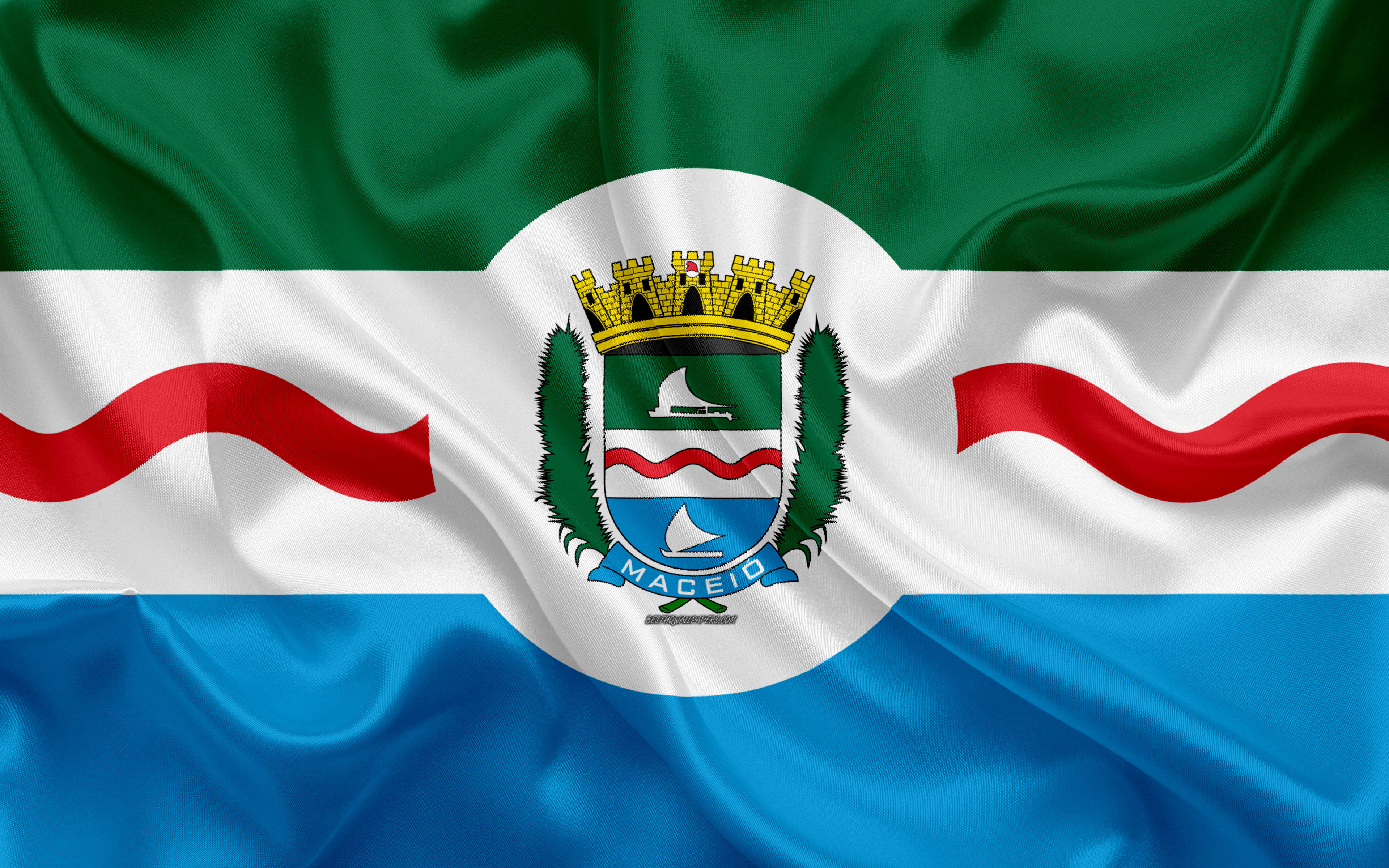 Download wallpaper Flag of Maceio, 4k, silk texture, Brazilian city, white green blue silk flag, Maceio flag, Alagoas, Brazil, art, South America, Maceio for desktop with resolution 3840x2400. High Quality HD picture