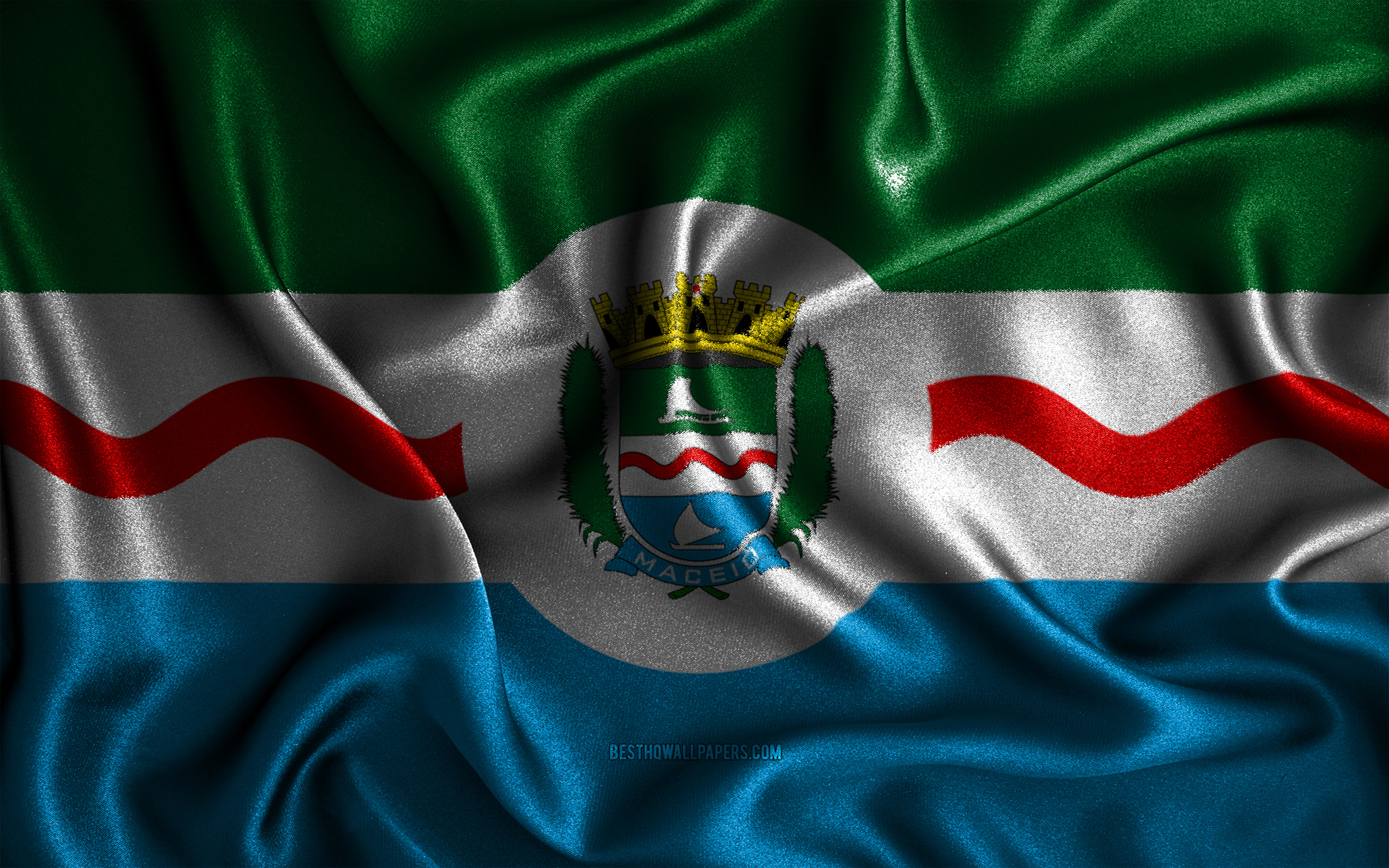 Download wallpaper Maceio flag, 4k, silk wavy flags, brazilian cities, Day of Maceio, Flag of Maceio, fabric flags, 3D art, Maceio, cities of Brazil, Maceio 3D flag for desktop with resolution 3840x2400