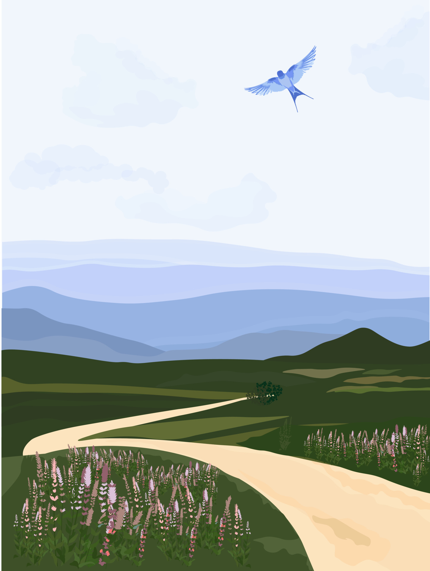 Meadow on a sunny day vector stock illustration. Nature vertical wallpaper. Green field, hill, road, forest sky view, clouds, birds, mountains, fog. Isolated on a white background