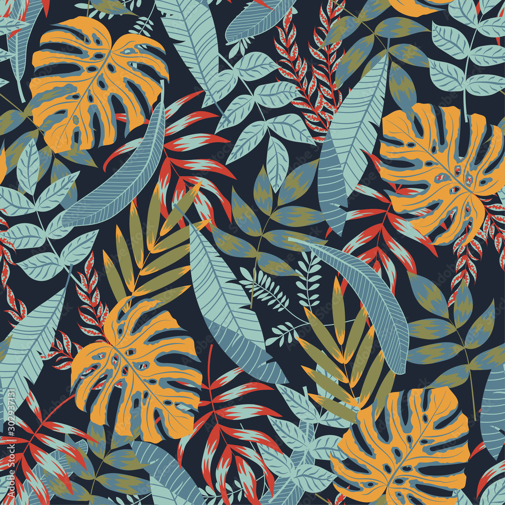 Trend seamless pattern. Tropical leaves on dark background. Illustration in Hawaiian style. Jungle leaves. Botanical pattern. Vector background for various surface. Exotic wallpaper, Hawaiian style. Stock Vector