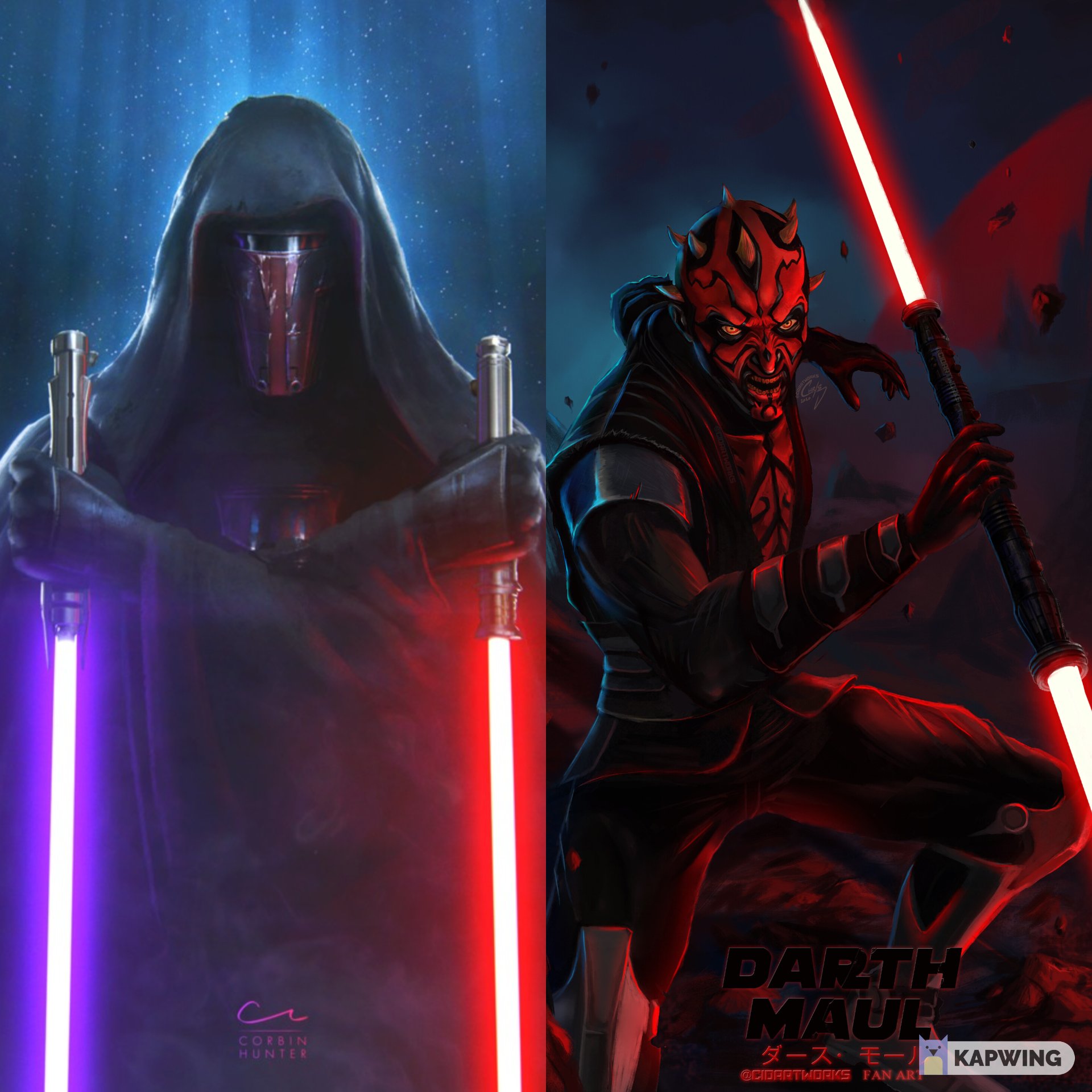 Suited Darth Vader and Starkiller vs Revan and Maul (Legends)