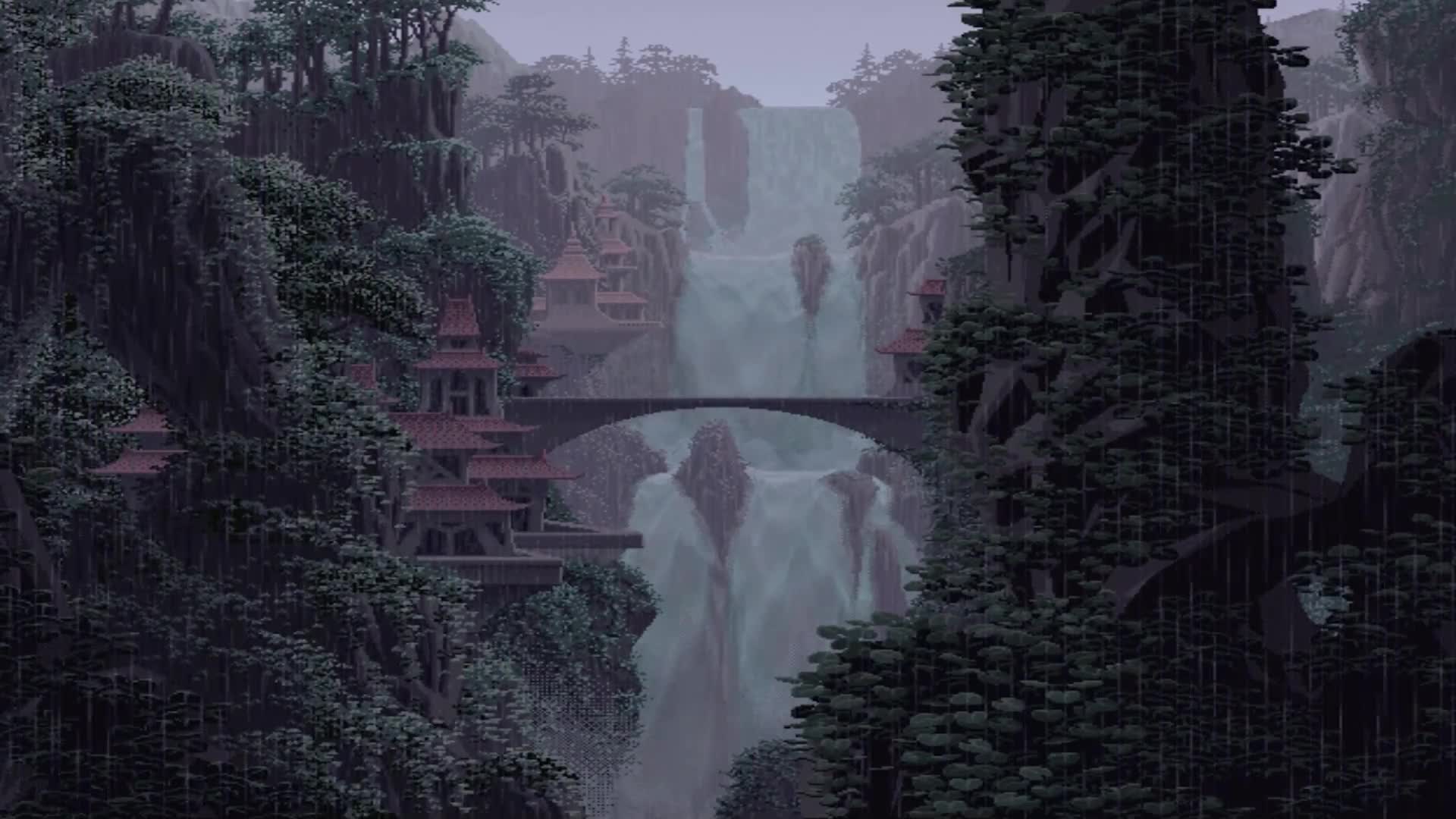Pixel Nature Waterfall Rainy Day Desktop Wallpaper