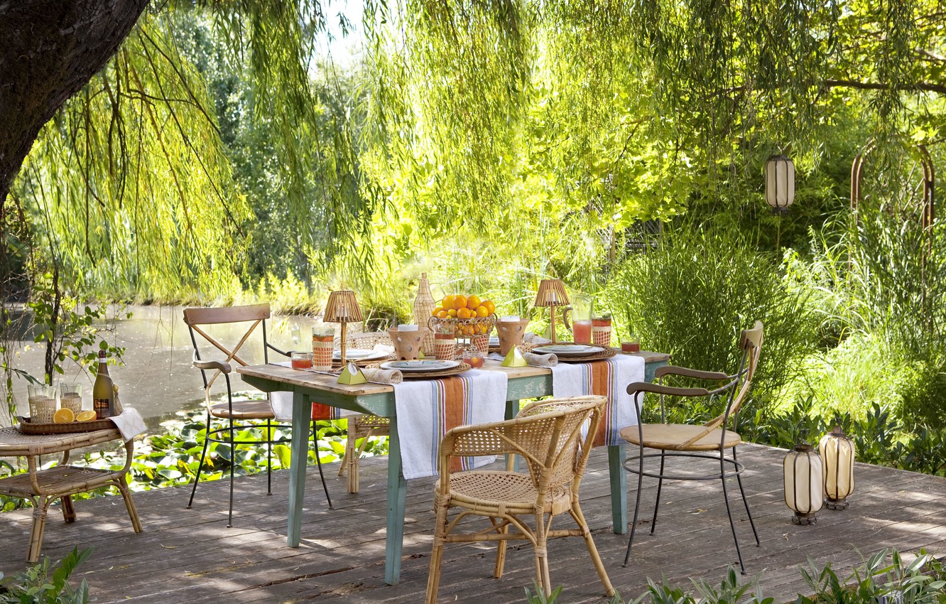 Wallpaper summer, pond, table, garden, fruit, picnic, drinks, terrace image for desktop, section настроения