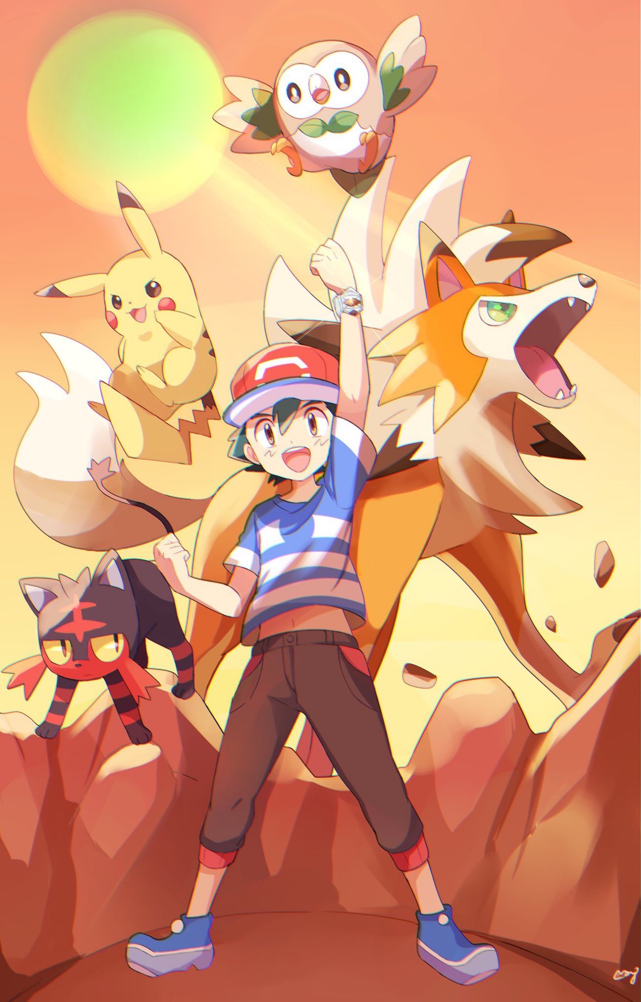 pikachu, ash ketchum, rowlet, litten, lycanroc, and 1 more (pokemon and 2 more) drawn by mei_(maysroom)