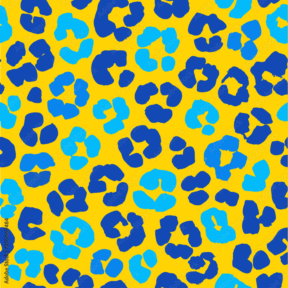 Vector illustration Leopard print seamless background pattern. Yellow and blue animal skin print for textile, wallpaper, wrapping paper and other design. Grunge style. Stock Vector