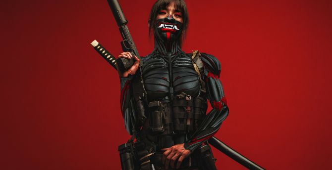 Cyberpunk ninja, with katana & gun, art wallpaper, HD image, picture, background, 2fa70d
