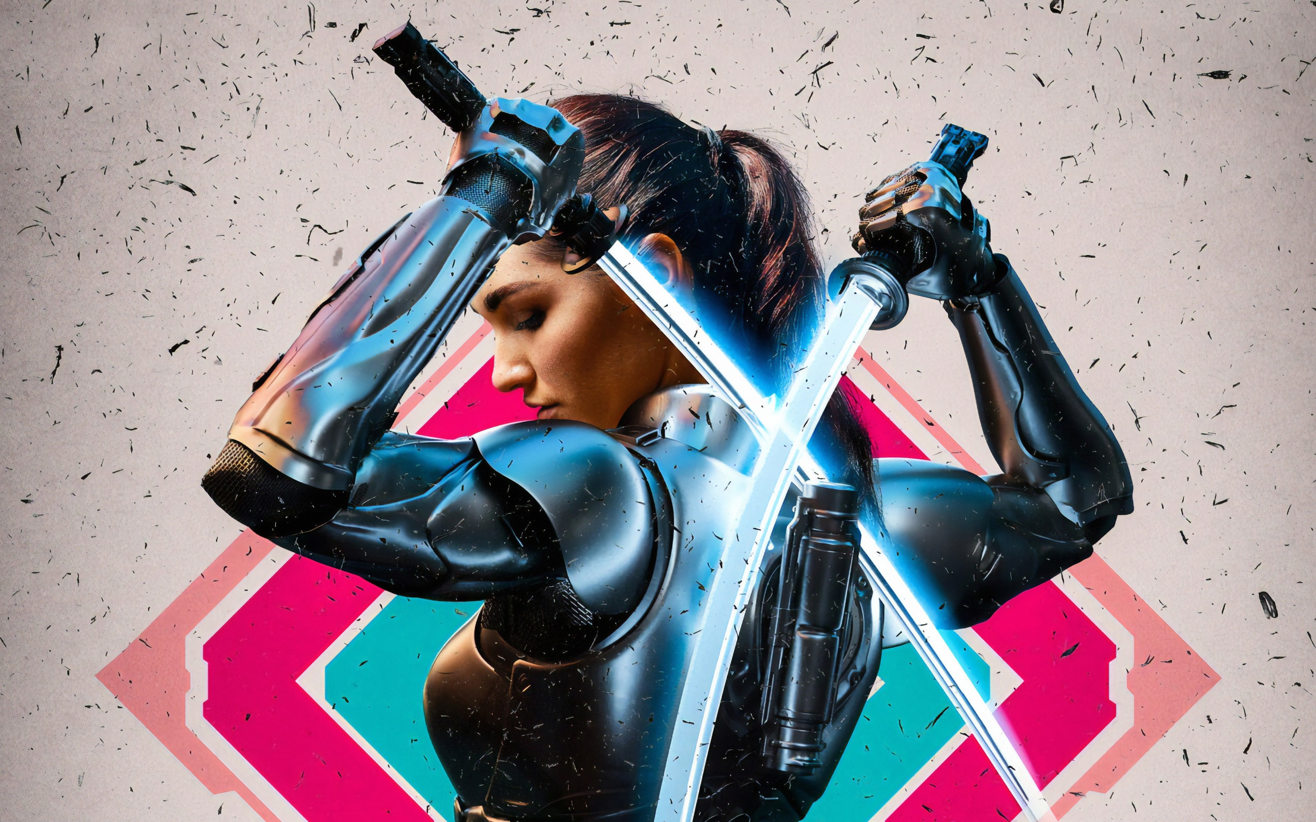 Wallpaper Armor, Sword, Woman, Cyberpunk, Retro background