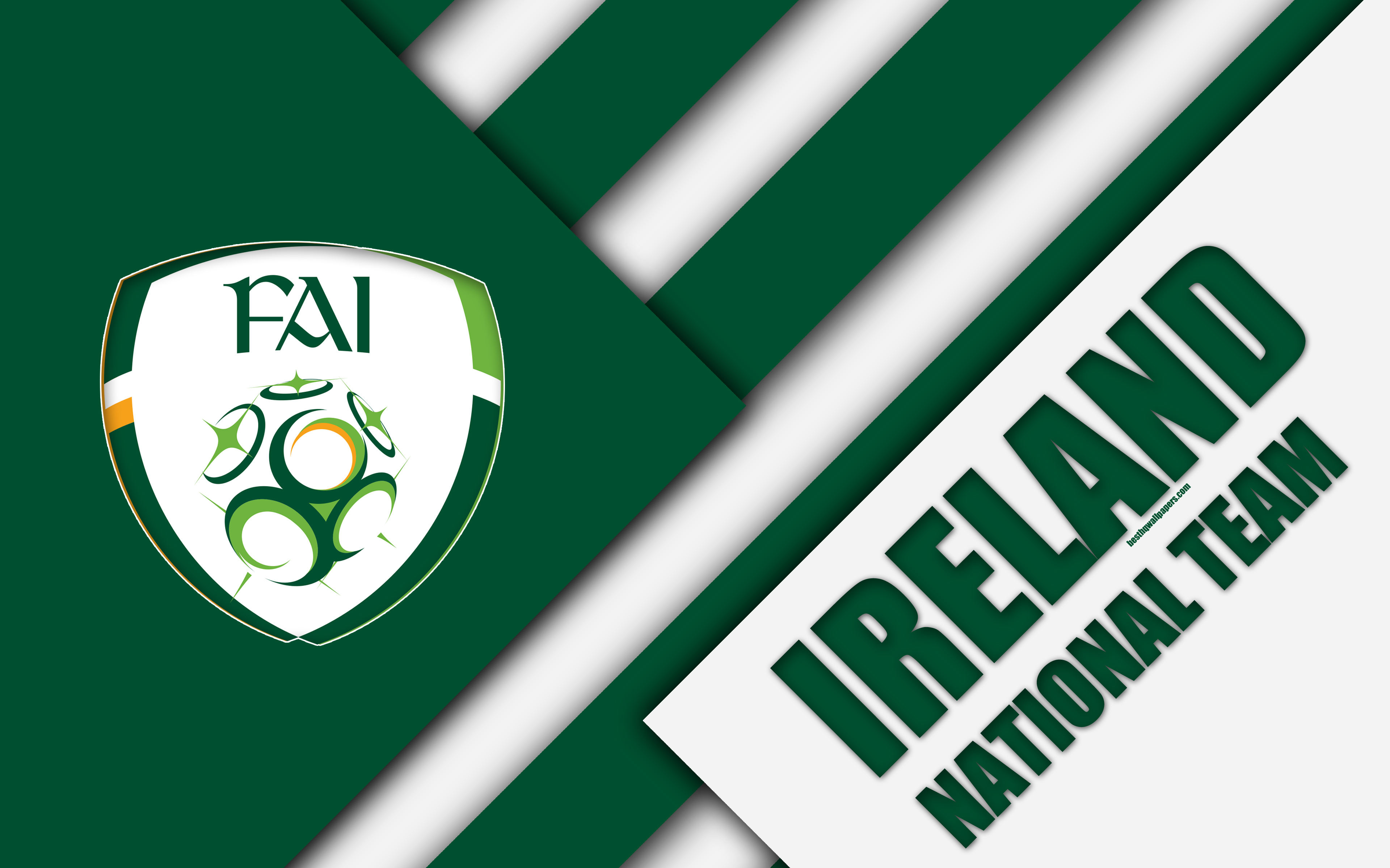 Download wallpaper Ireland national football team, 4k, emblem, material design, white green abstraction, logo, football, Ireland, coat of arms for desktop with resolution 3840x2400. High Quality HD picture wallpaper