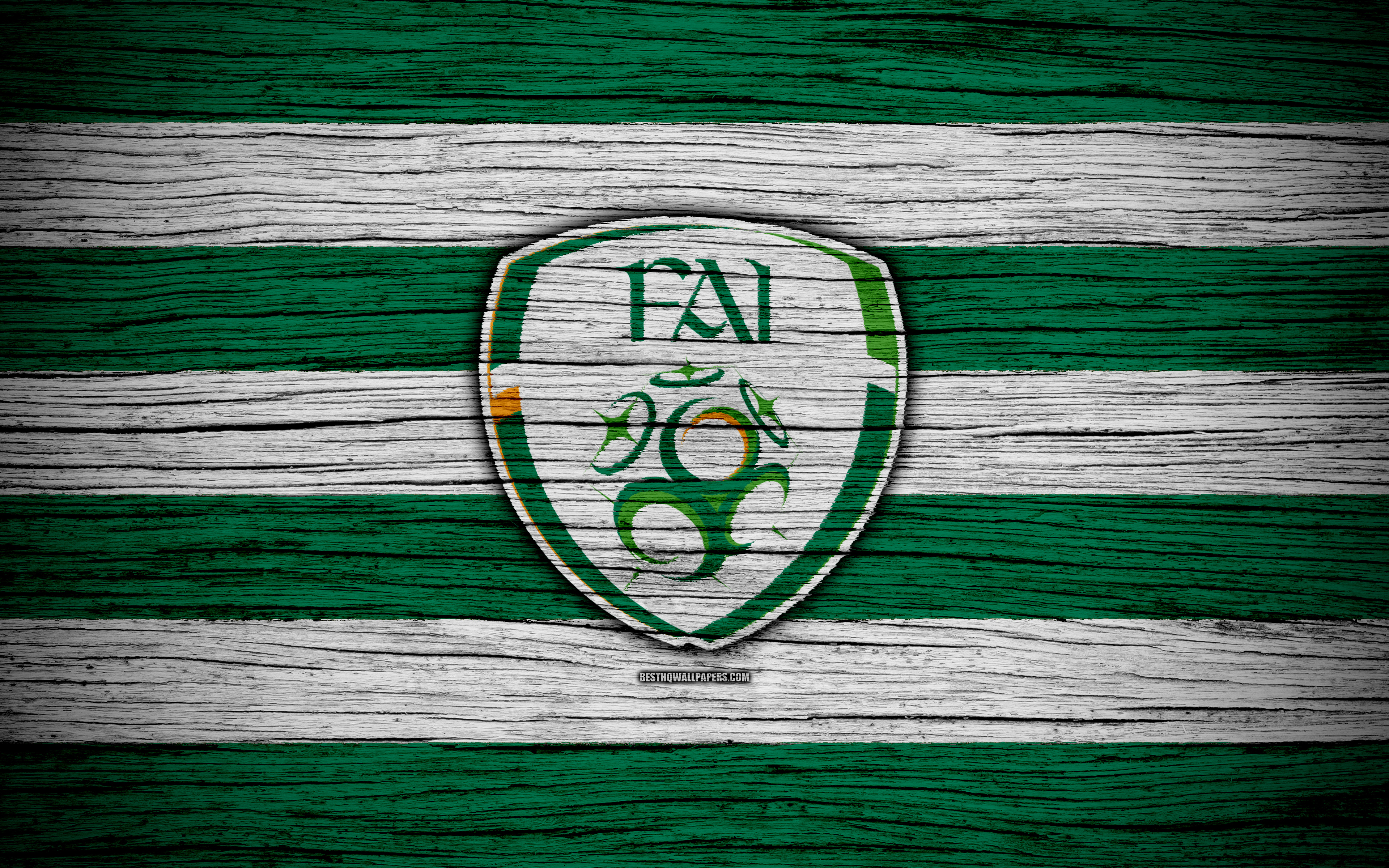 Download wallpaper 4k, Ireland national football team, logo, UEFA, Europe, football, wooden texture, soccer, Ireland, European national football teams, Irish Football Federation for desktop with resolution 3840x2400. High Quality HD picture wallpaper