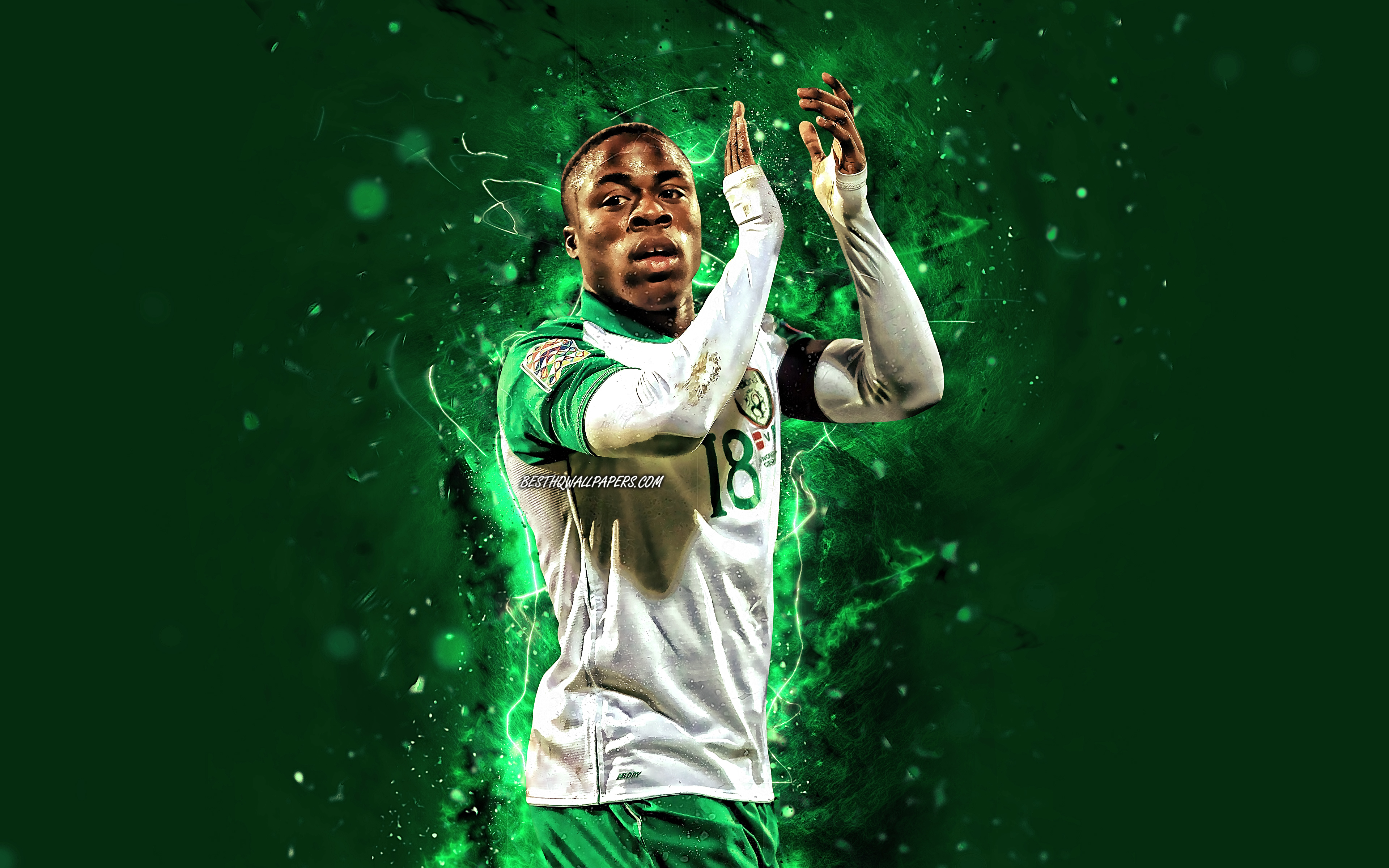 Download wallpaper Michael Obafemi, 4k, abstract art, Ireland National Team, fan art, Michael Oluwadurotimi Obafemi, soccer, footballers, neon lights, Irish football team for desktop with resolution 3840x2400. High Quality HD picture wallpaper