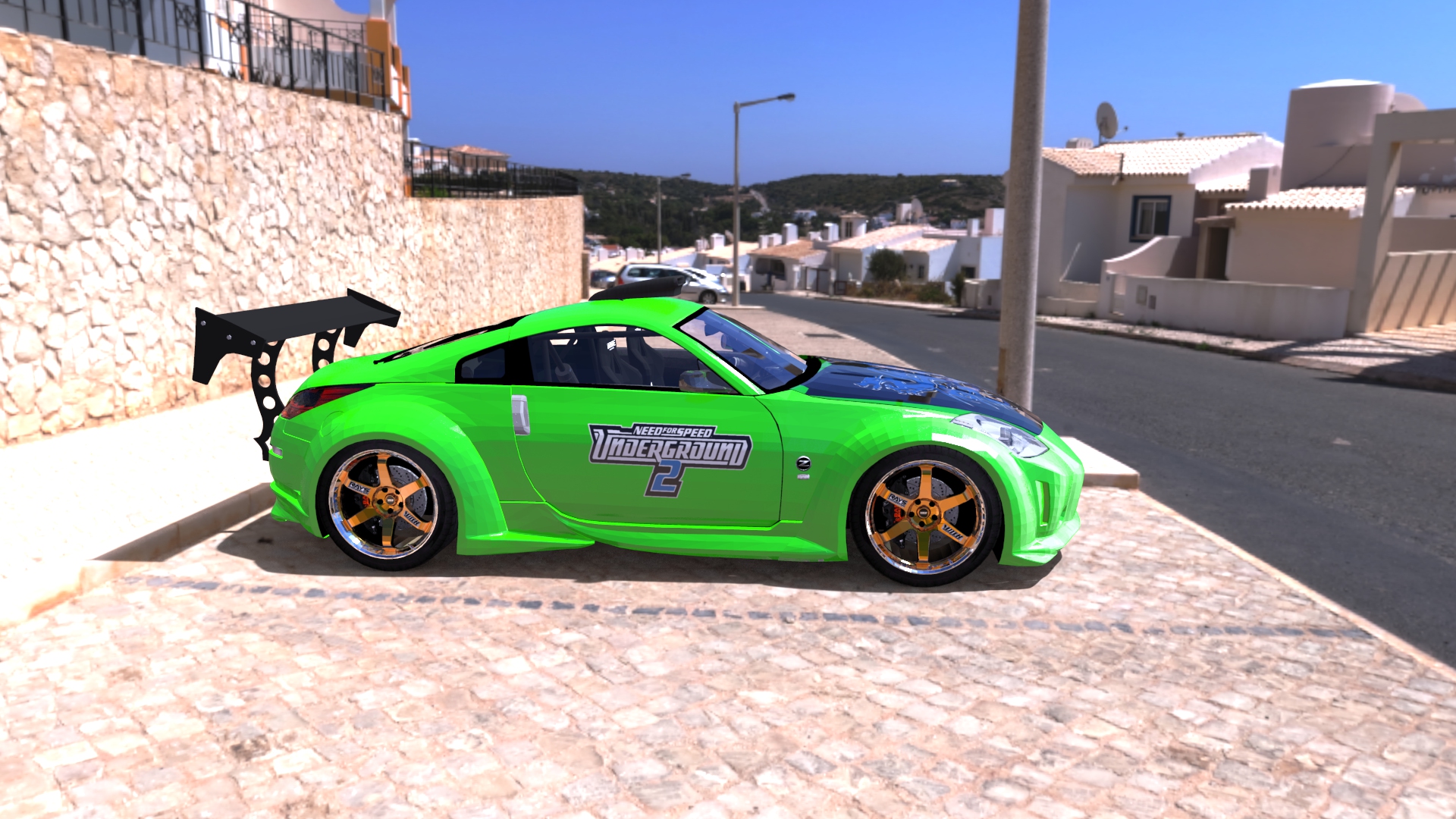 Nissan 350Z, vehicle, car, Nissan Fairlady Z, Nissan, side view, green cars, street, ArtStation, Need for Speed: Underground 2, video gamesx1080 Wallpaper