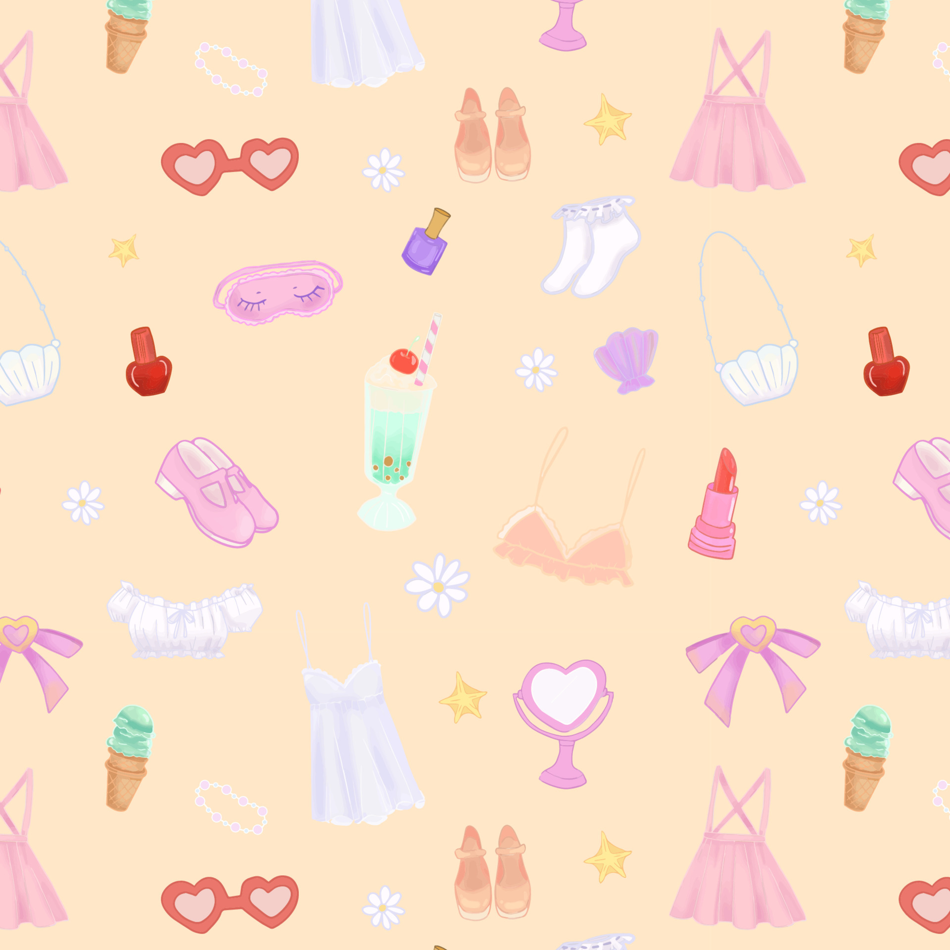 Seamless pattern of 90s summer girl elements. Accessories, fashion, food and cosmetics on yellow background