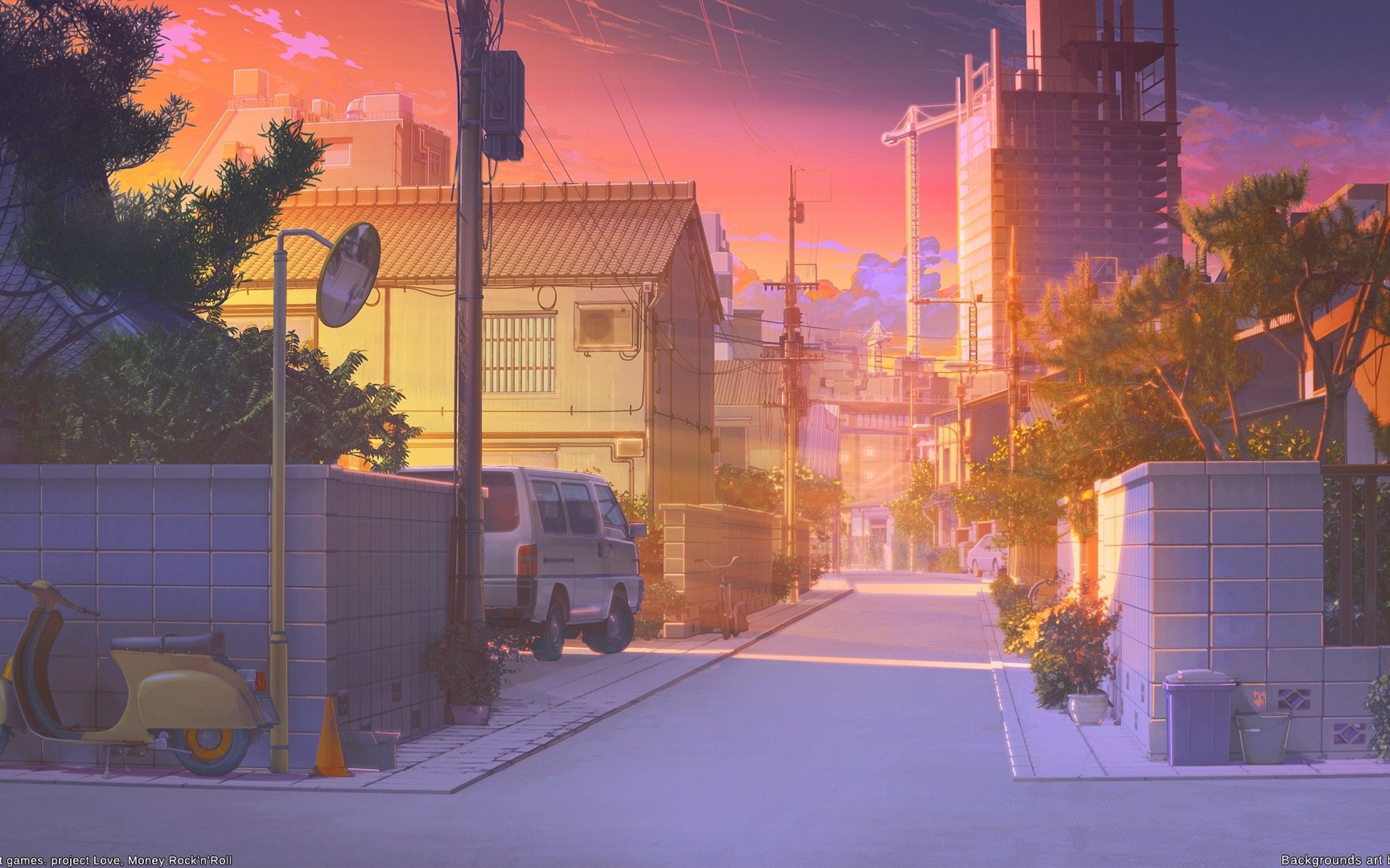Download 2560x1600 Anime Street, Scenic, Sunset, Buildings, Car, Wall Wallpaper for MacBook Pro 13 inch. Anime background, Scenery background, Anime city