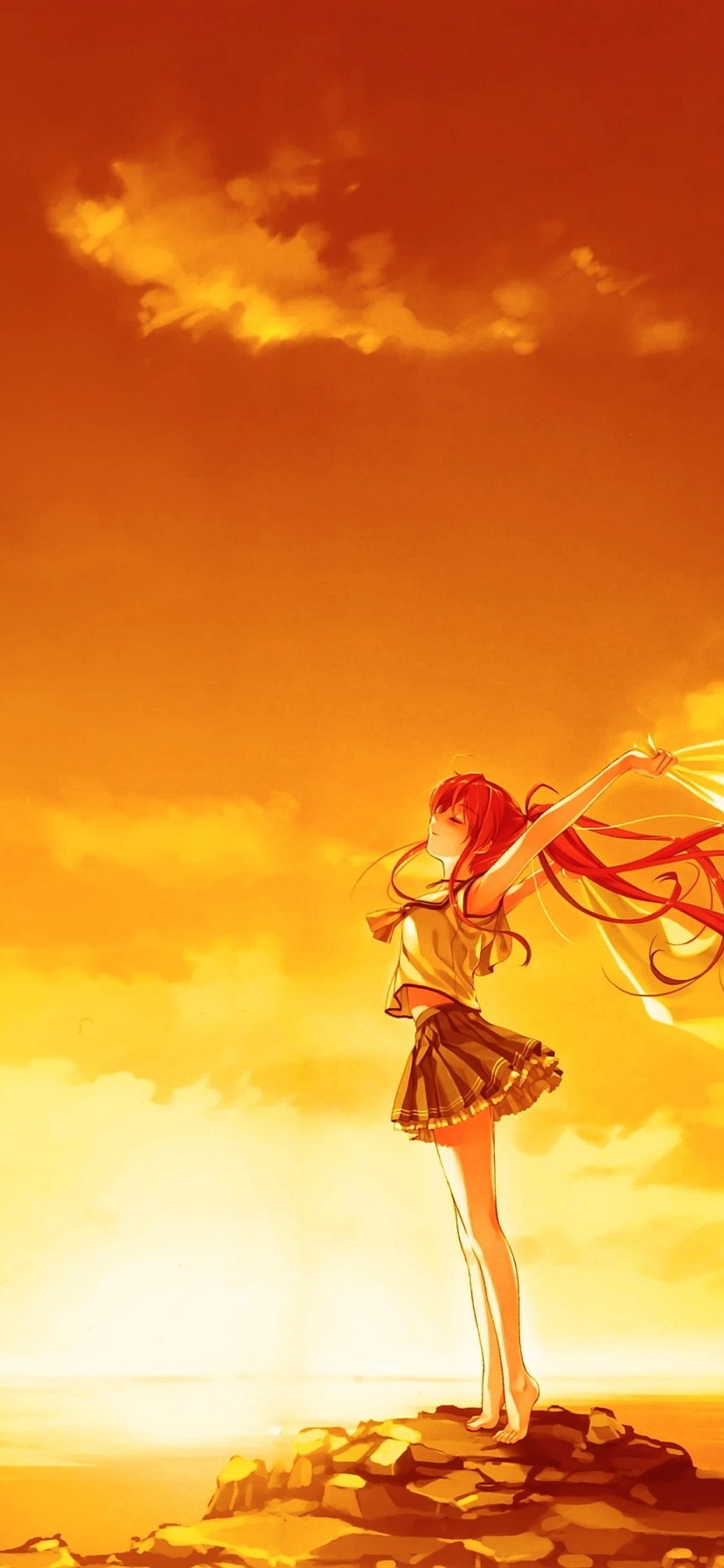 Wallpaper Red hair anime girl, pose, sunset, wind, clouds, sea 2880x1800 HD Picture, Image