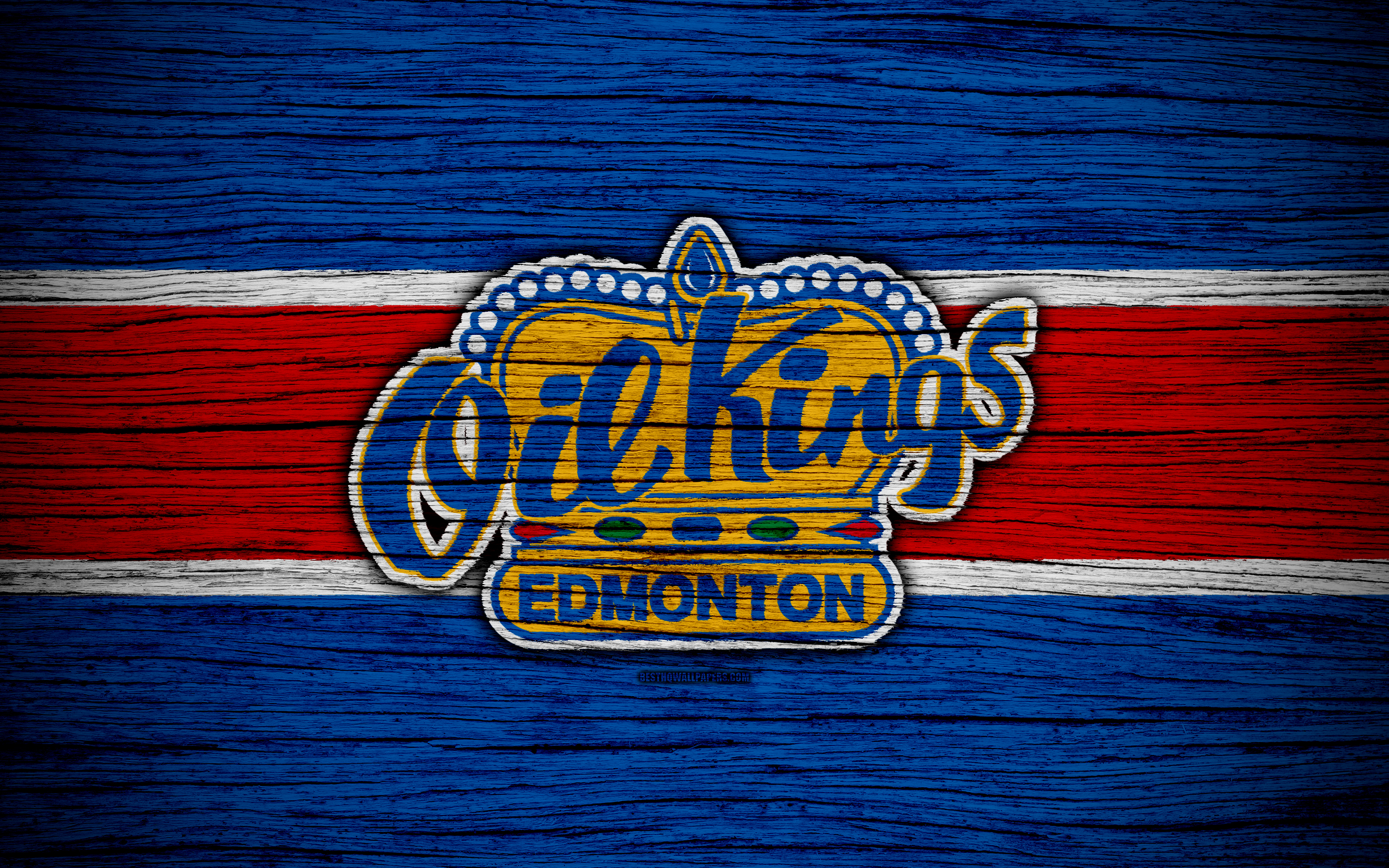 Download wallpaper 4k, Edmonton Oil Kings, logo, WHL, hockey, Canada, emblem, wooden texture, Western Hockey League for desktop with resolution 3840x2400. High Quality HD picture wallpaper