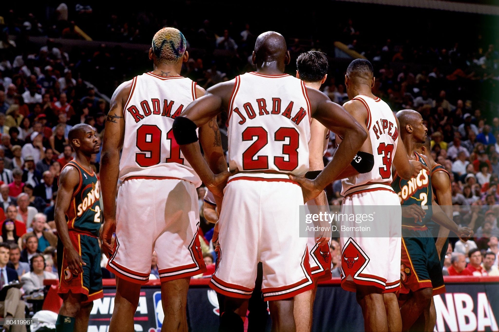 Michael Jordan, Dennis Rodman, and Scottie Pippen of the Chicago. News Photo