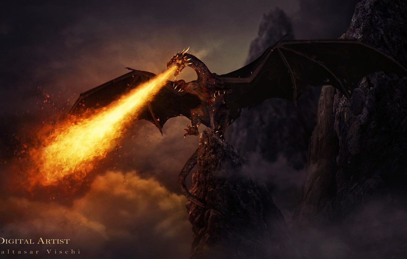 Wallpaper rocks, fire, dragon, the dragon of hell image for desktop, section фантастика