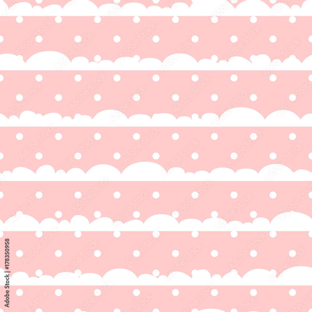 Pink and white polka dot clouds baby seamless vector pattern. Cute kid repeat background for fabric textile, muslin blanket and wallpaper design. Stock Vector