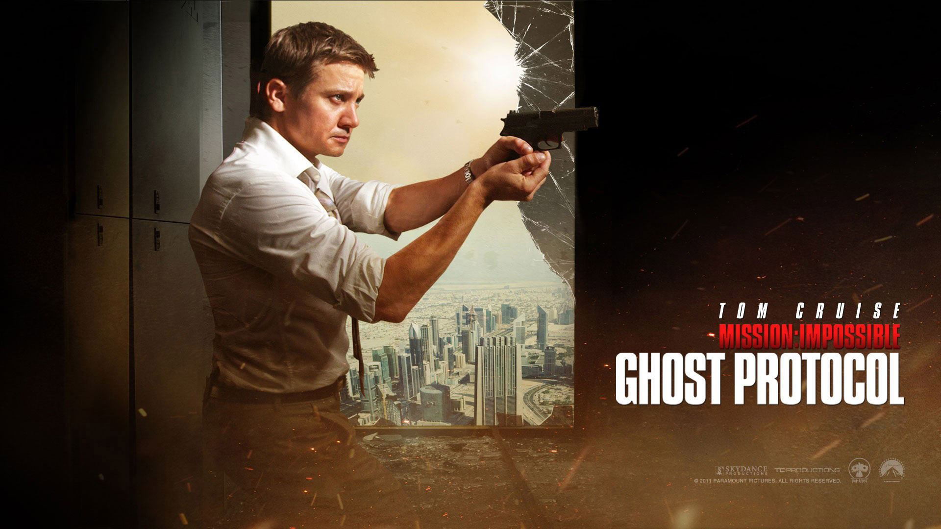 Download Wallpaper actor gun jeremy renner william brandt mission impossible ghost protocol, 1920x1080, Jeremy Renner in the movie Mission: Impossible