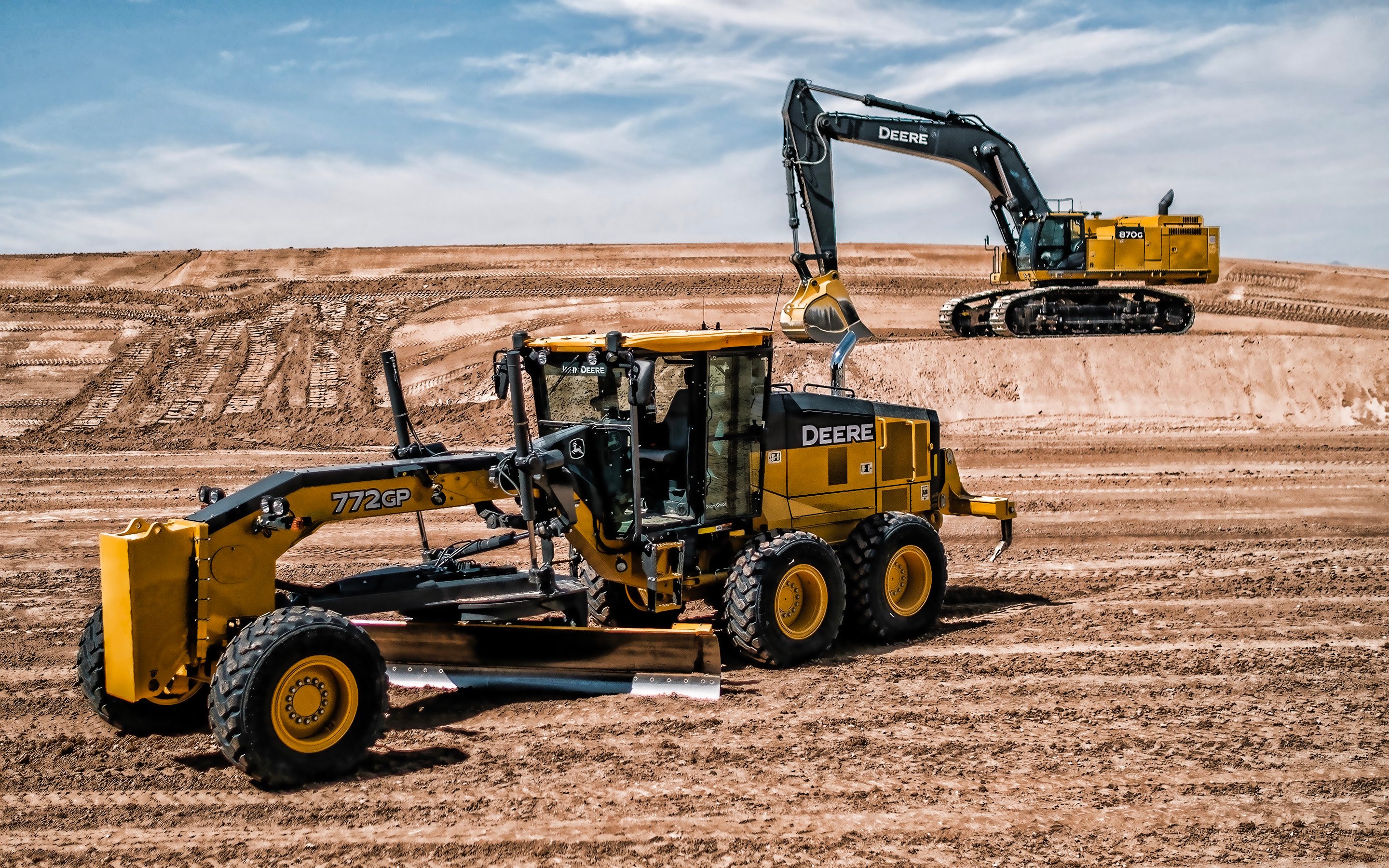 Download wallpapers John Deere 772GP, Motor Grader, construction equipment, road construction concepts, John Deere 870G, excavator, construction machines, John Deere for desktop with resolution 2880x1800. High Quality HD pictures wallpapers