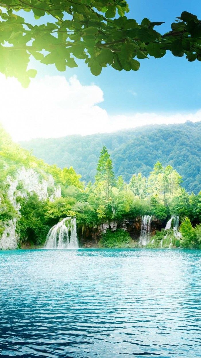 Enchanting Lake Waterfalls Blue Sky IPhone 6 Plus HD Wallpaper. Beautiful wallpaper hd, Scenery wallpaper, Landscape wallpaper