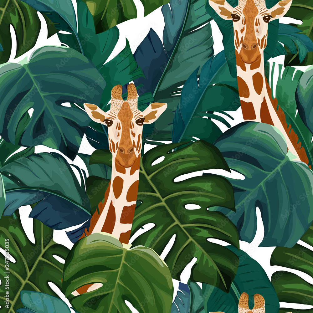 Exotic summer print. Seamless pattern with palm tree, giraffe. Vector illustration Stock Vector