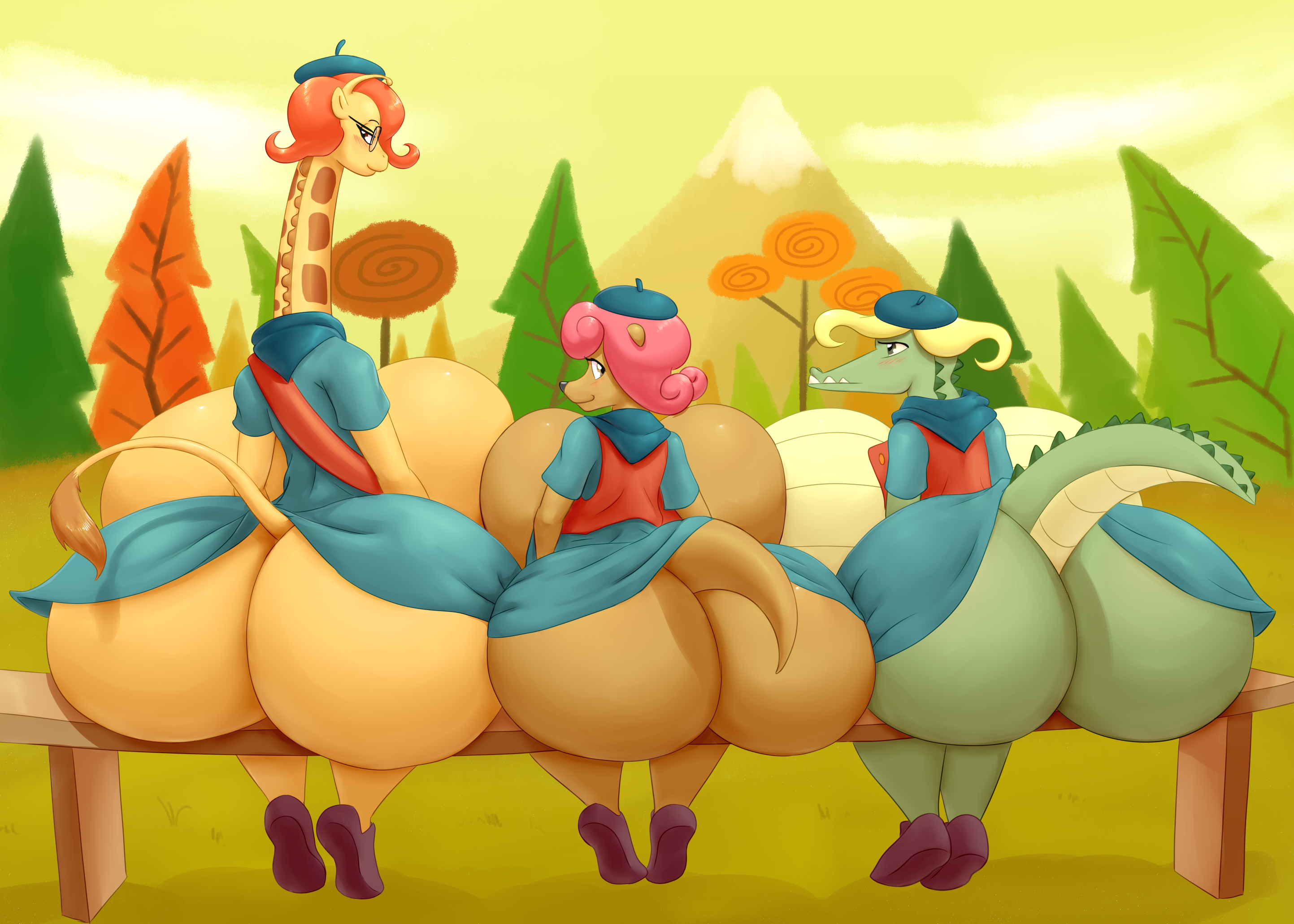 suggestive, artist:marauder6272, colorist:hyperstorm h, patsy smiles (camp lazlo), alligator, crocodilian, giraffe, mammal, mongoose, reptile, anthro, camp lazlo, cartoon network, beret, big butt, breasts, butt, clothes, female, females only