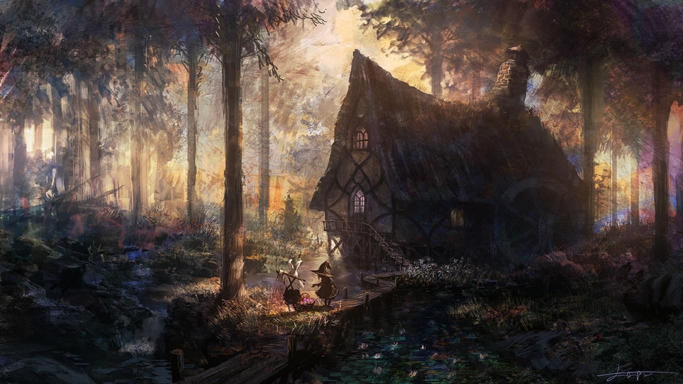 House, Forest, River, Trees, Artwork, Fantasy Art, Cabin, man, woman and wooden house painting #house #forest #river #trees #artwork f. Fantasy art, Art, Painting