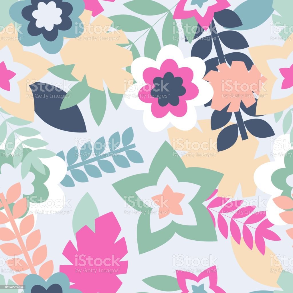 Seamless Pattern Of Abstract Pastel Graphic Floral Elements Spring Or Summer Background With Leaves And Flowers Blue Green Pink Yellow Peach Colors Wallpaper Textile Wrapping Paper Post Card Stock Illustration