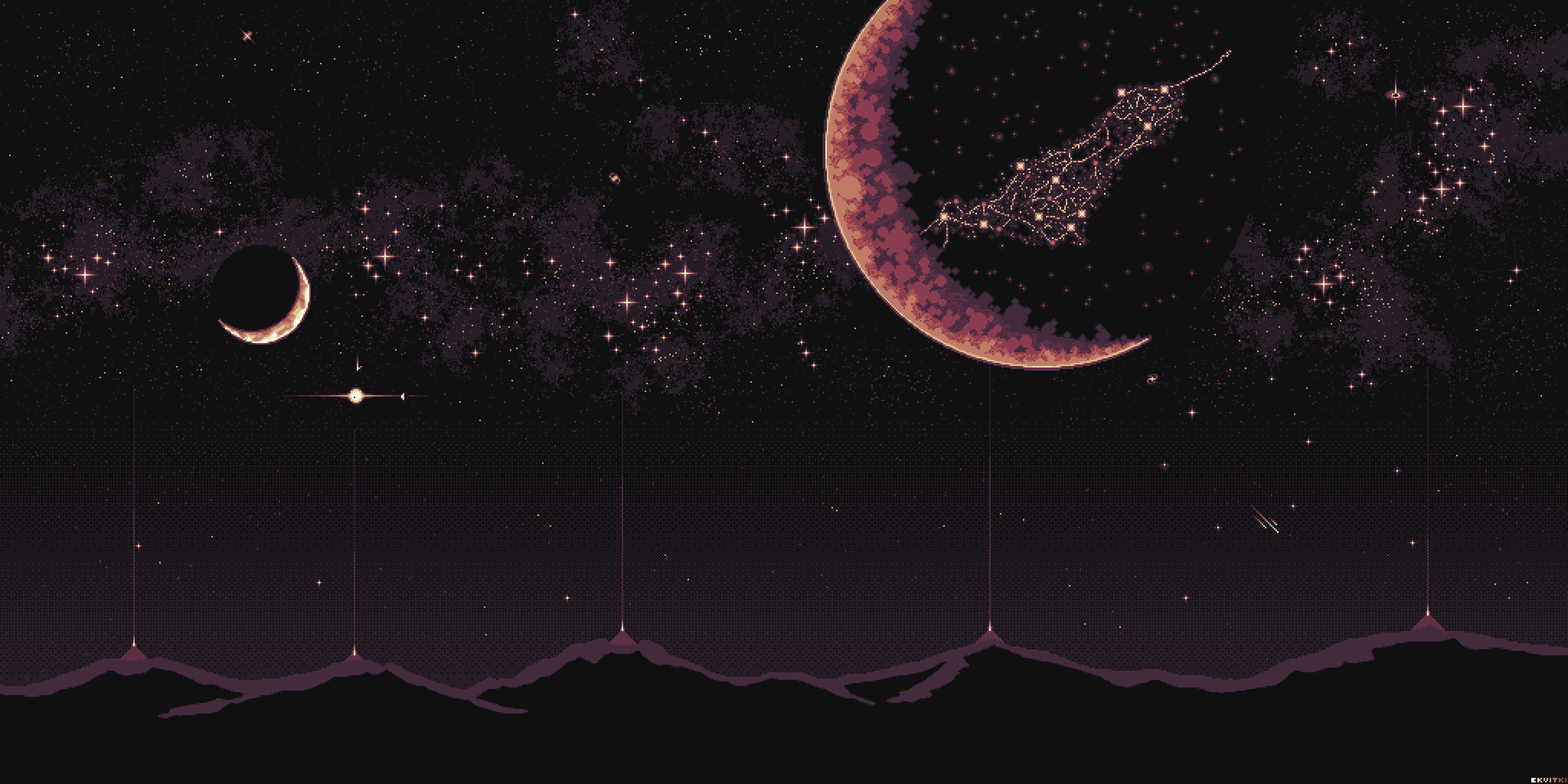 Digital Art Pixel Art Pixelated Pixels Night Mountains Moon Constellation Wallpaper:4096x2048