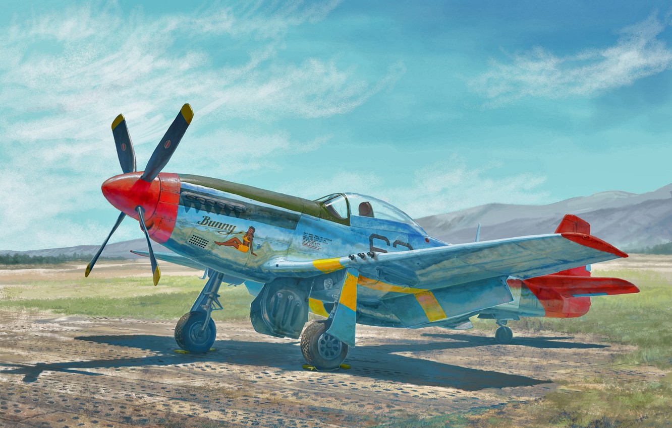 Wallpaper art, airplane, aviation, ww2, P51 Mustang, red tail image for desktop, section авиация