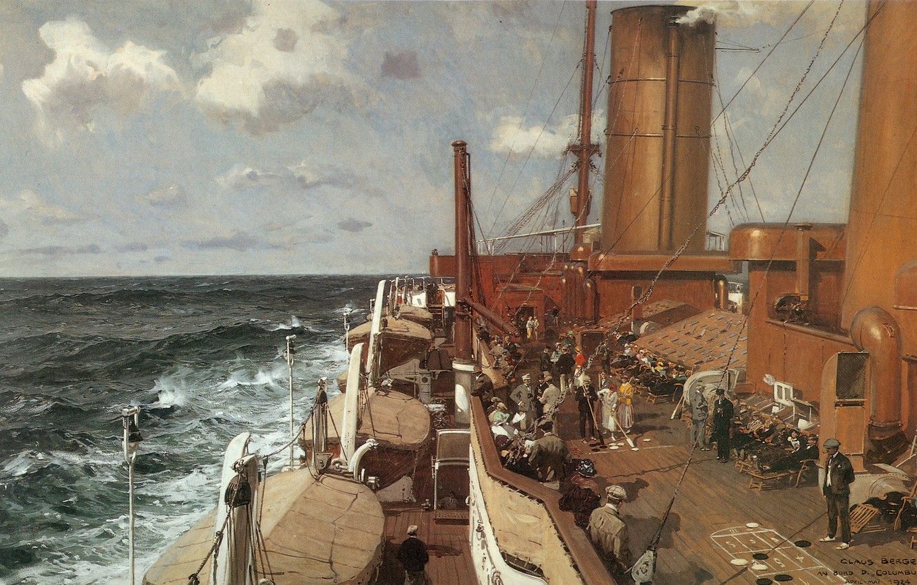 Wallpaper sea, wave, people, stay, ship, deck, passengers, Claus Bergen image for desktop, section живопись