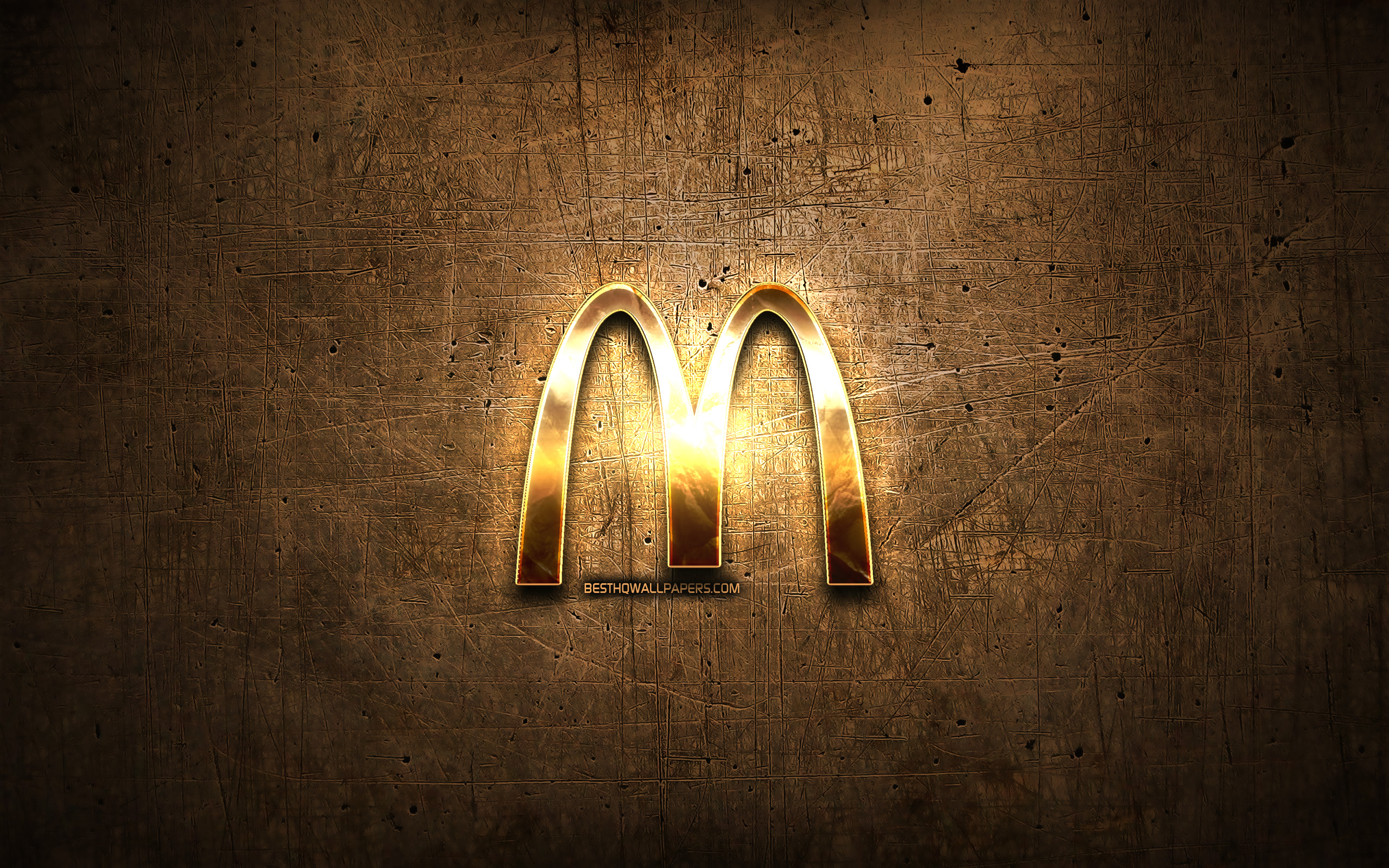 Download wallpaper McDonalds golden logo, artwork, brown metal background, creative, McDonalds logo, brands, McDonalds for desktop with resolution 2560x1600. High Quality HD picture wallpaper