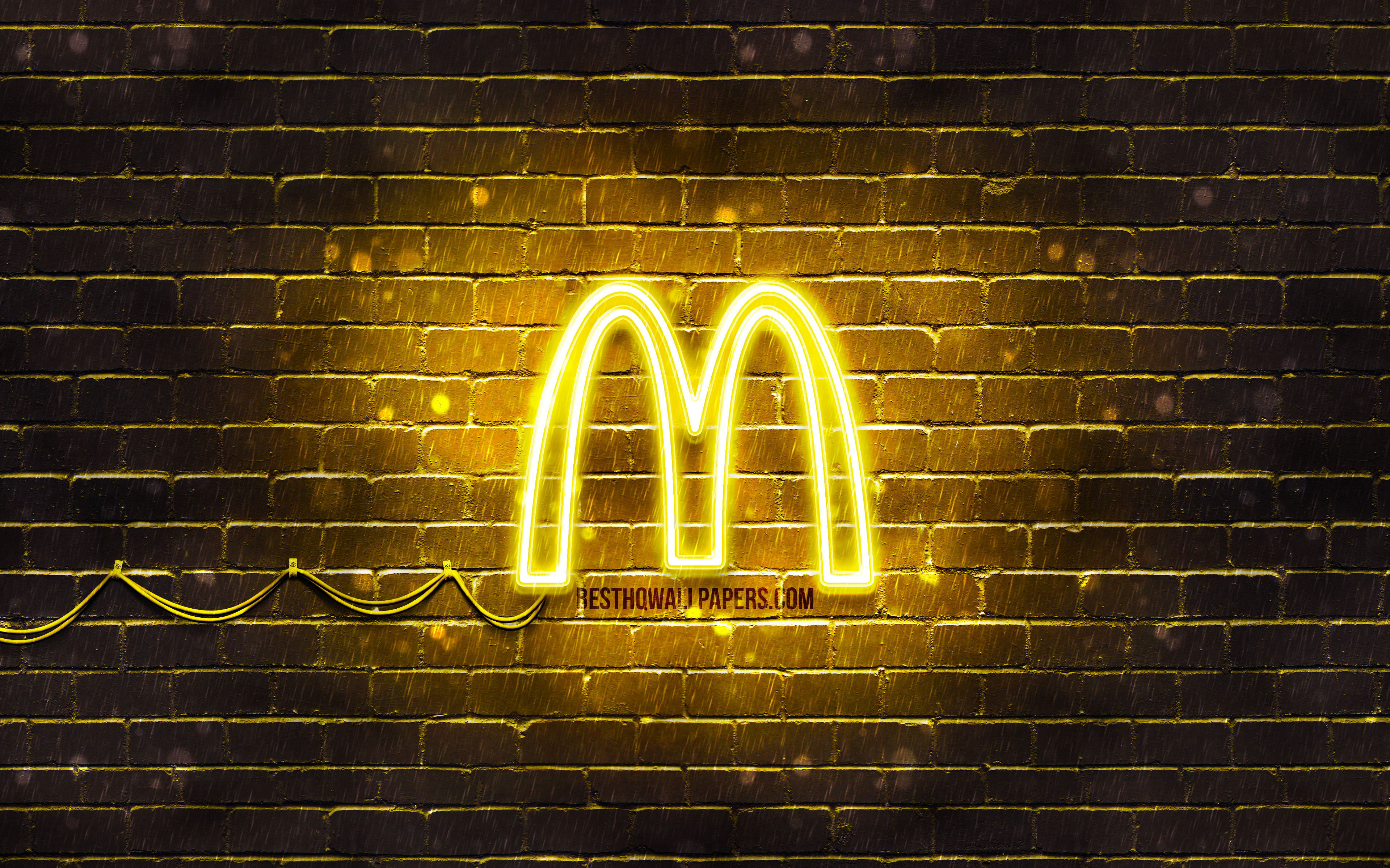 Download wallpaper McDonalds yellow logo, 4k, yellow brickwall, McDonalds logo, brands, McDonalds neon logo, McDonalds for desktop with resolution 3840x2400. High Quality HD picture wallpaper