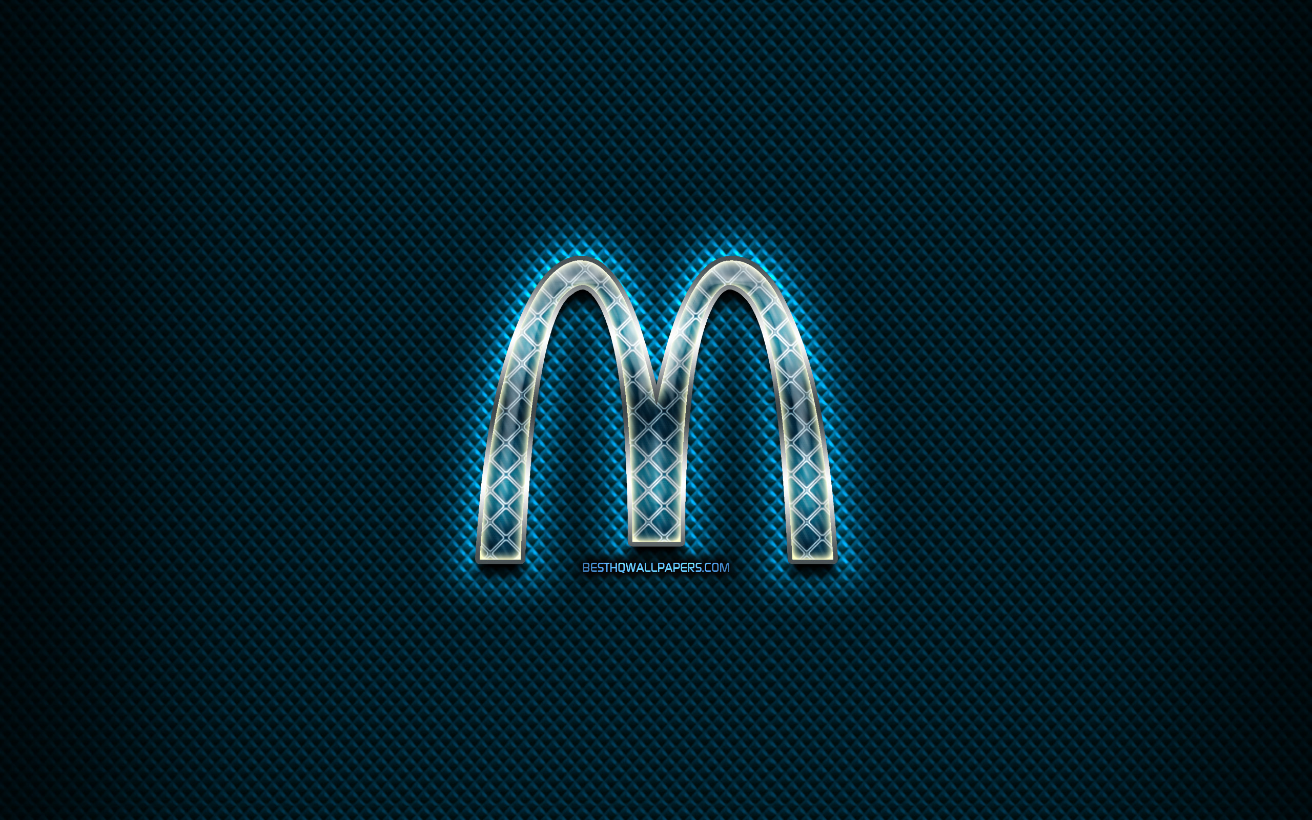 Download wallpaper McDonalds glass logo, blue background, artwork, McDonalds, brands, McDonalds rhombic logo, creative, McDonalds logo for desktop with resolution 2560x1600. High Quality HD picture wallpaper