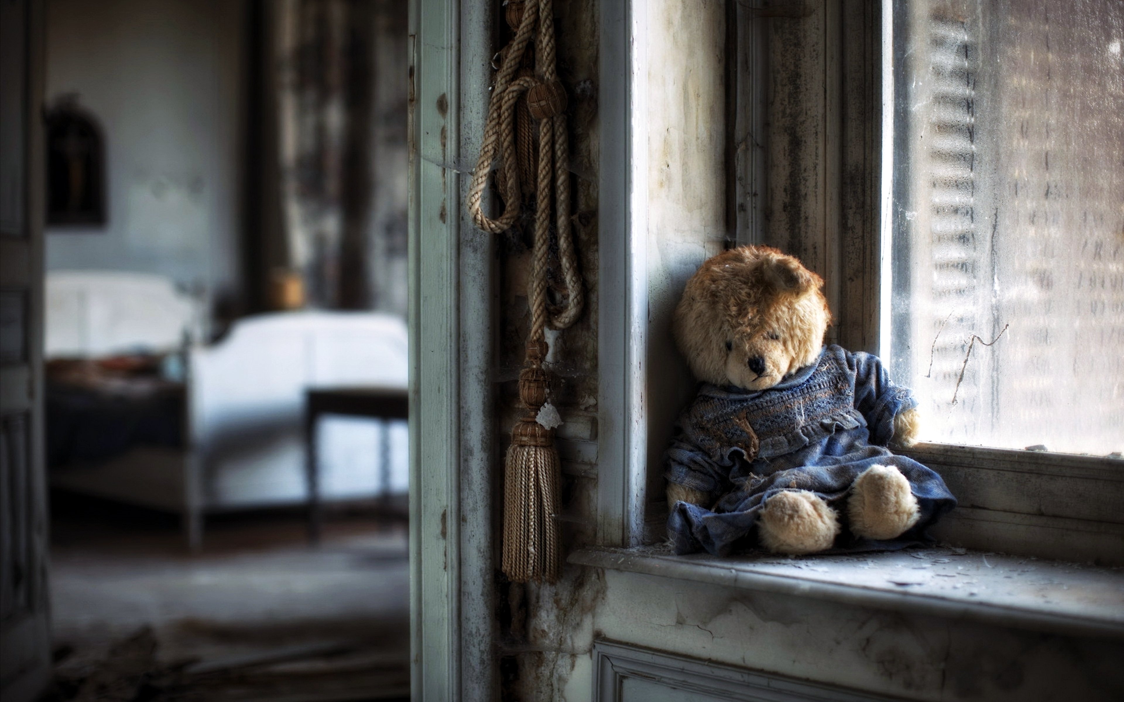Teddy bear sad lonely windows house poor life alone bedroom emotions wallpaperx2400