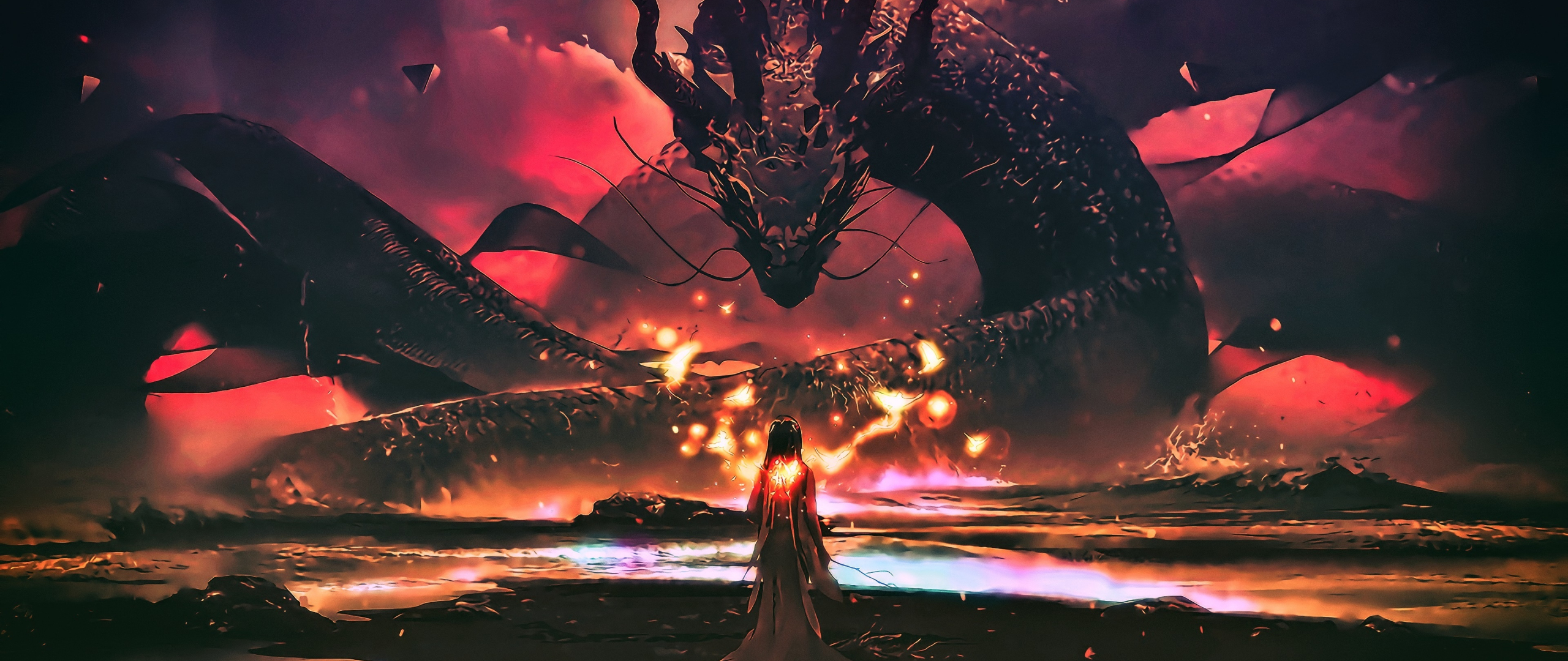 Download dragon, sea monster, woman, fantasy, art 2560x1080 wallpaper, dual wide 2560x1080 HD image, background, 4748