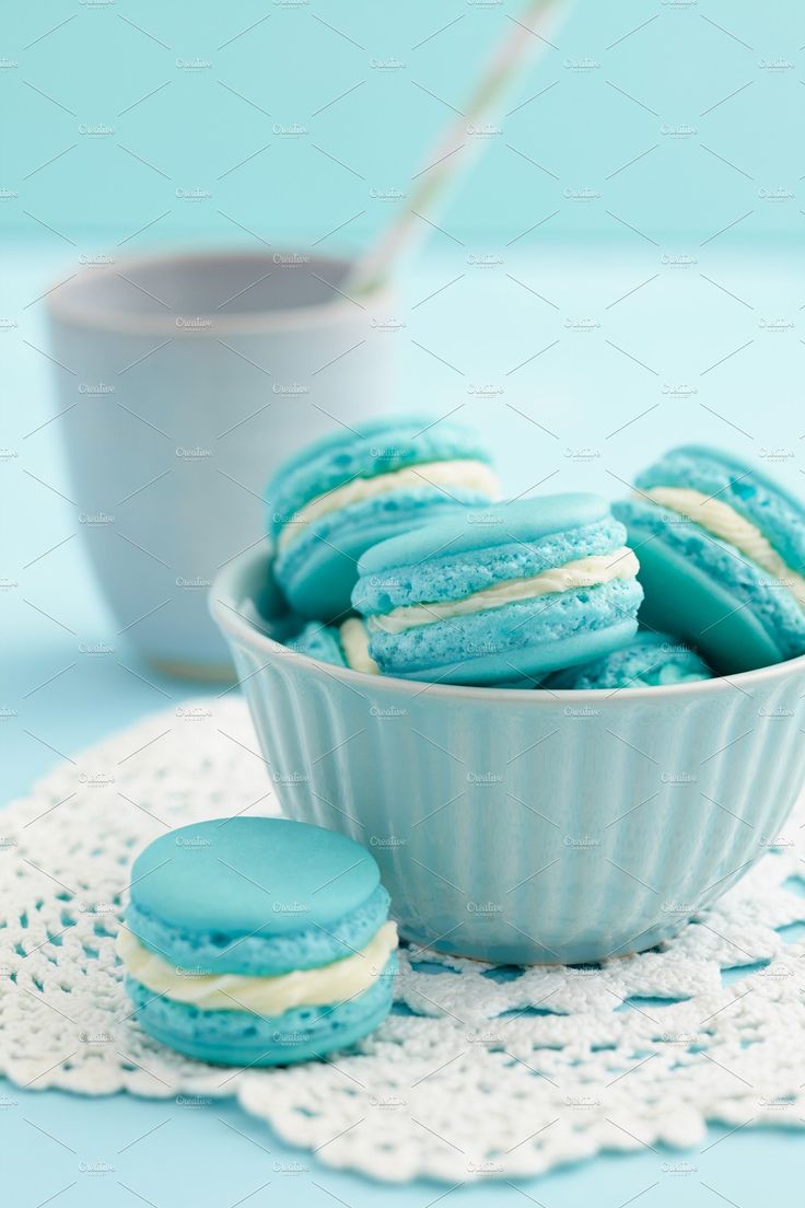 Light blue macarons featuring macarons, macaroons, and food. Blue macarons, Blue aesthetic, Macaroons
