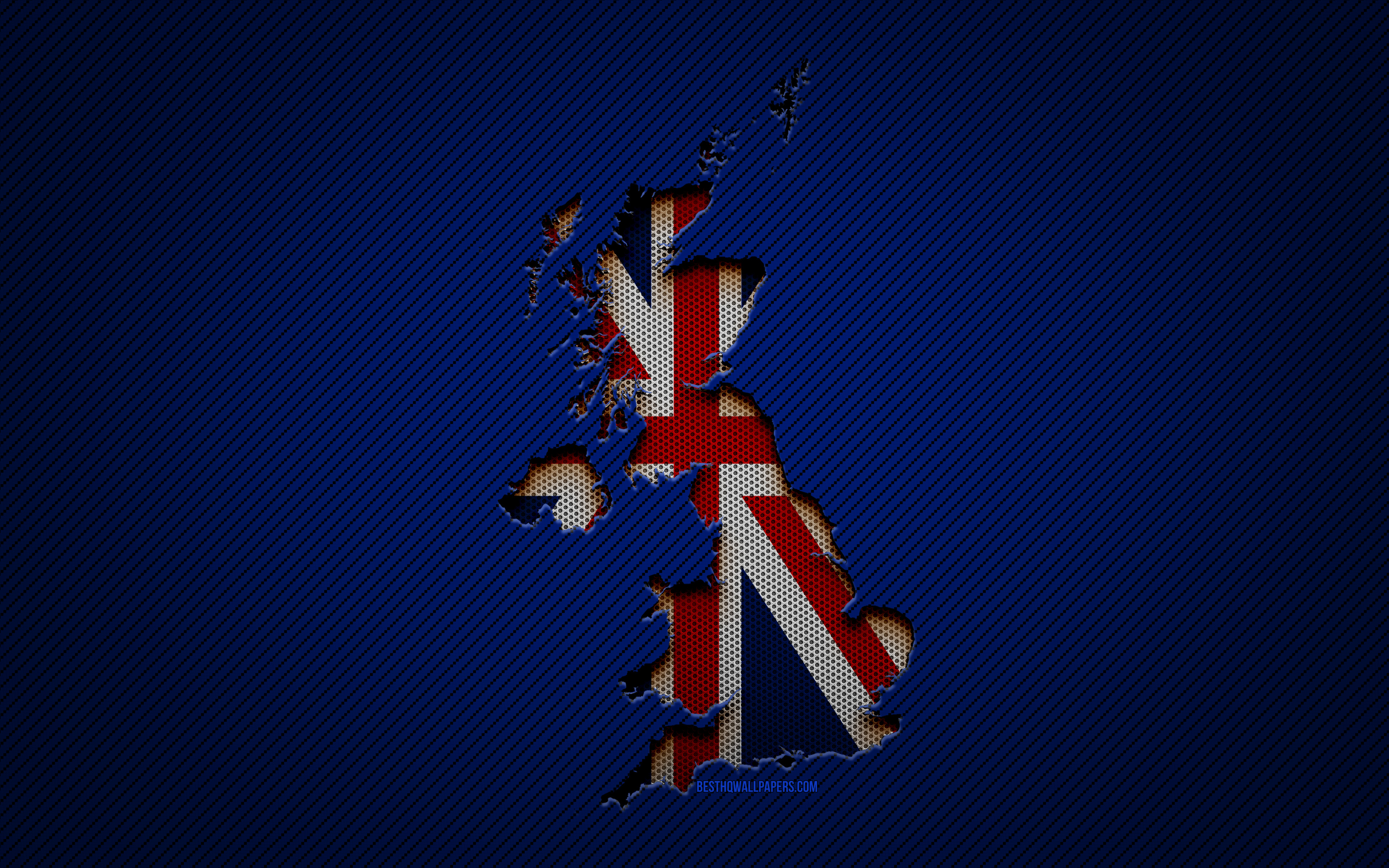 Download wallpaper United Kingdom map, 4k, European countries, United Kingdom flag, blue carbon background, United Kingdom map silhouette, Europe, UK map, United Kingdom, flag of United Kingdom for desktop with resolution 3840x2400