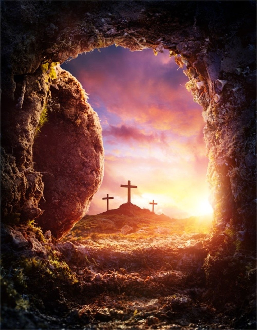 Amazon.com, AOFOTO 8x10ft Crucifixion Resurrection of Jesus Christ Backdrop Salvation Cross Photography Background Tomb Cave Sunrise Glimmers of Hope Photo Studio Props Bible Pray Christian Church Play Wallpaper