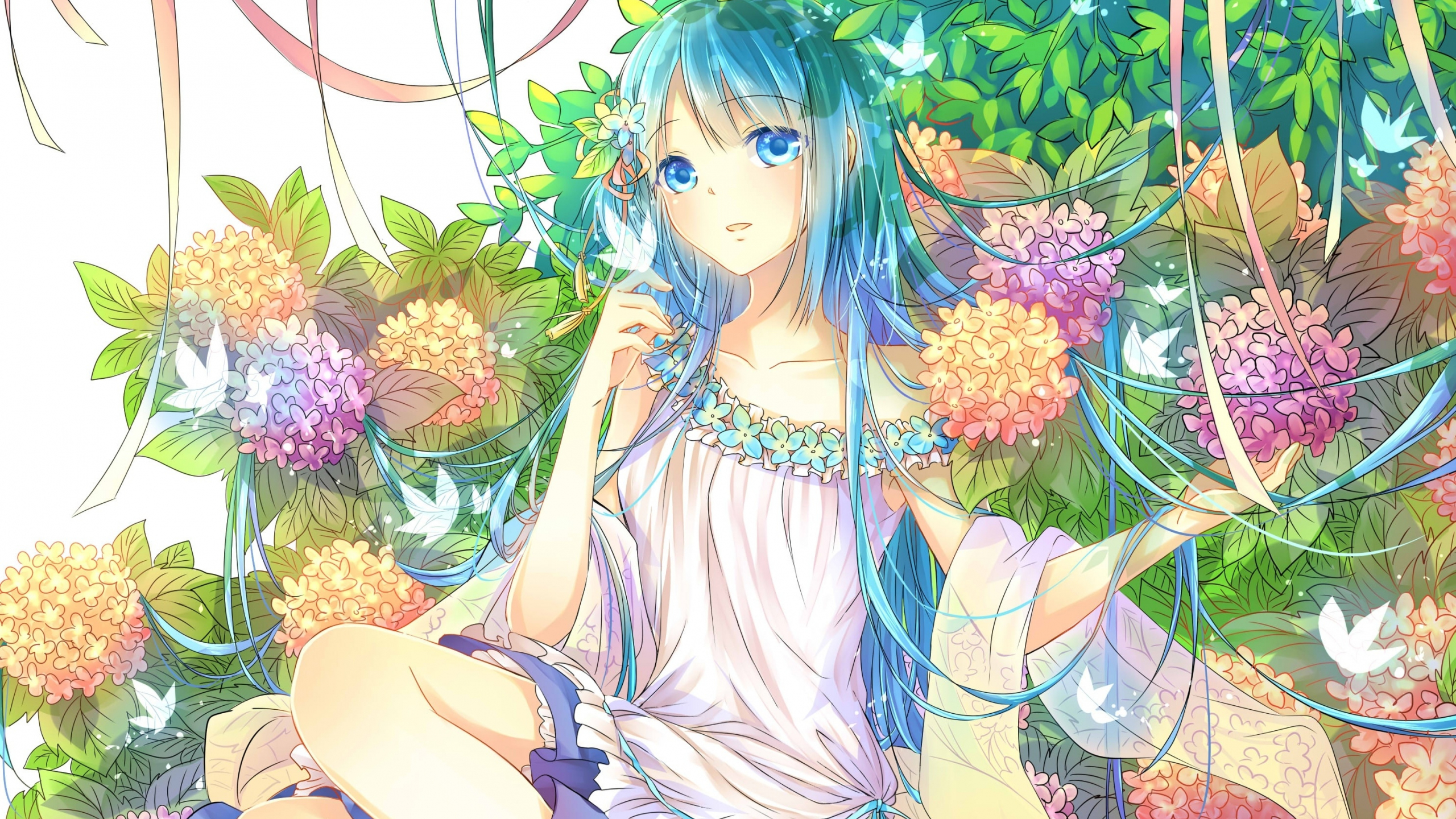 Download flowers and cute anime girl, artwork, original 2560x1440 wallpaper, dual wide 16:9 2560x1440 HD image, background, 17720