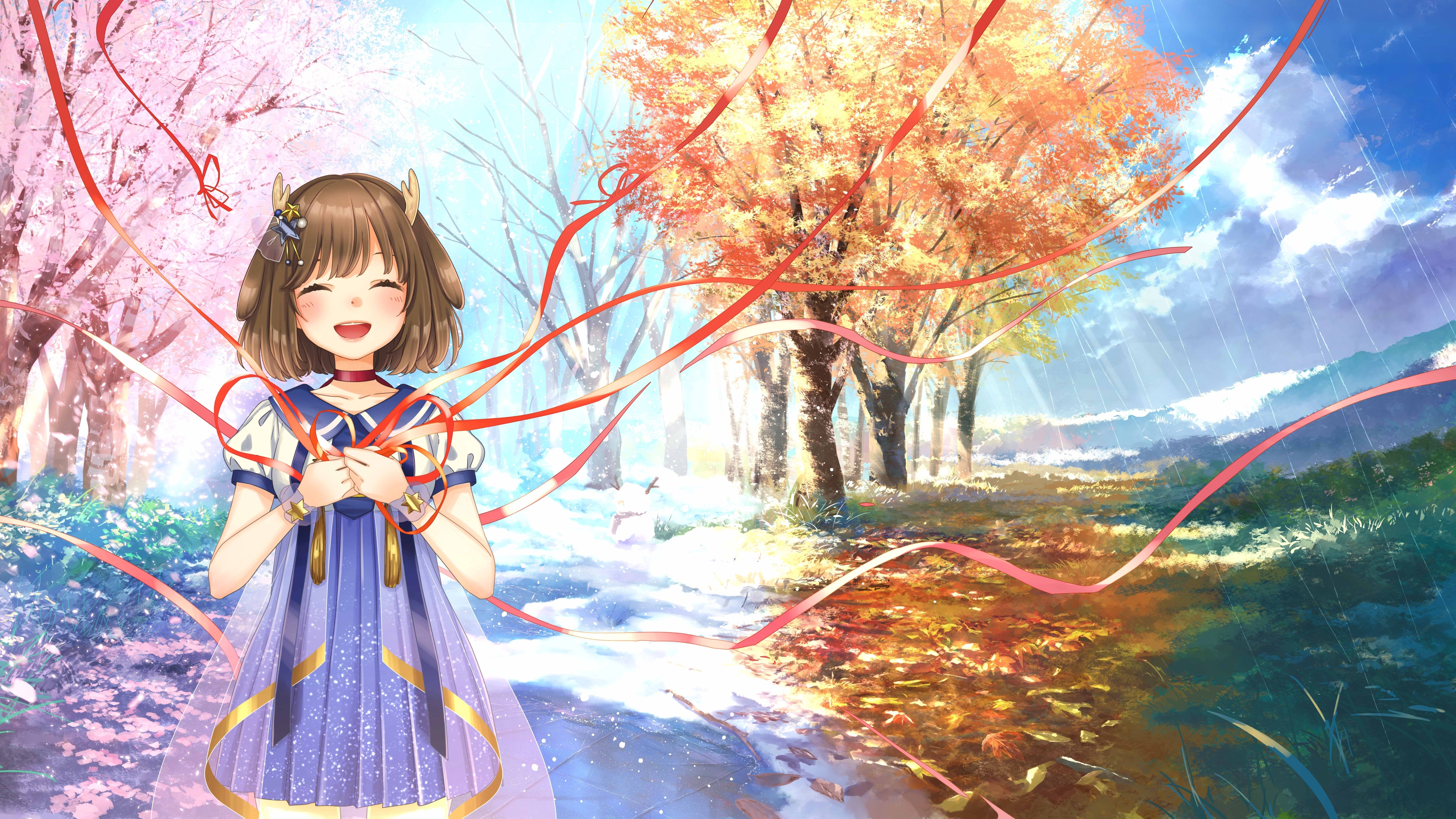 Wallpaper Summer, Winter, Spring, Four Seasons, Cute Anime Girl, Anime Landscape, Autumn:9508x4961