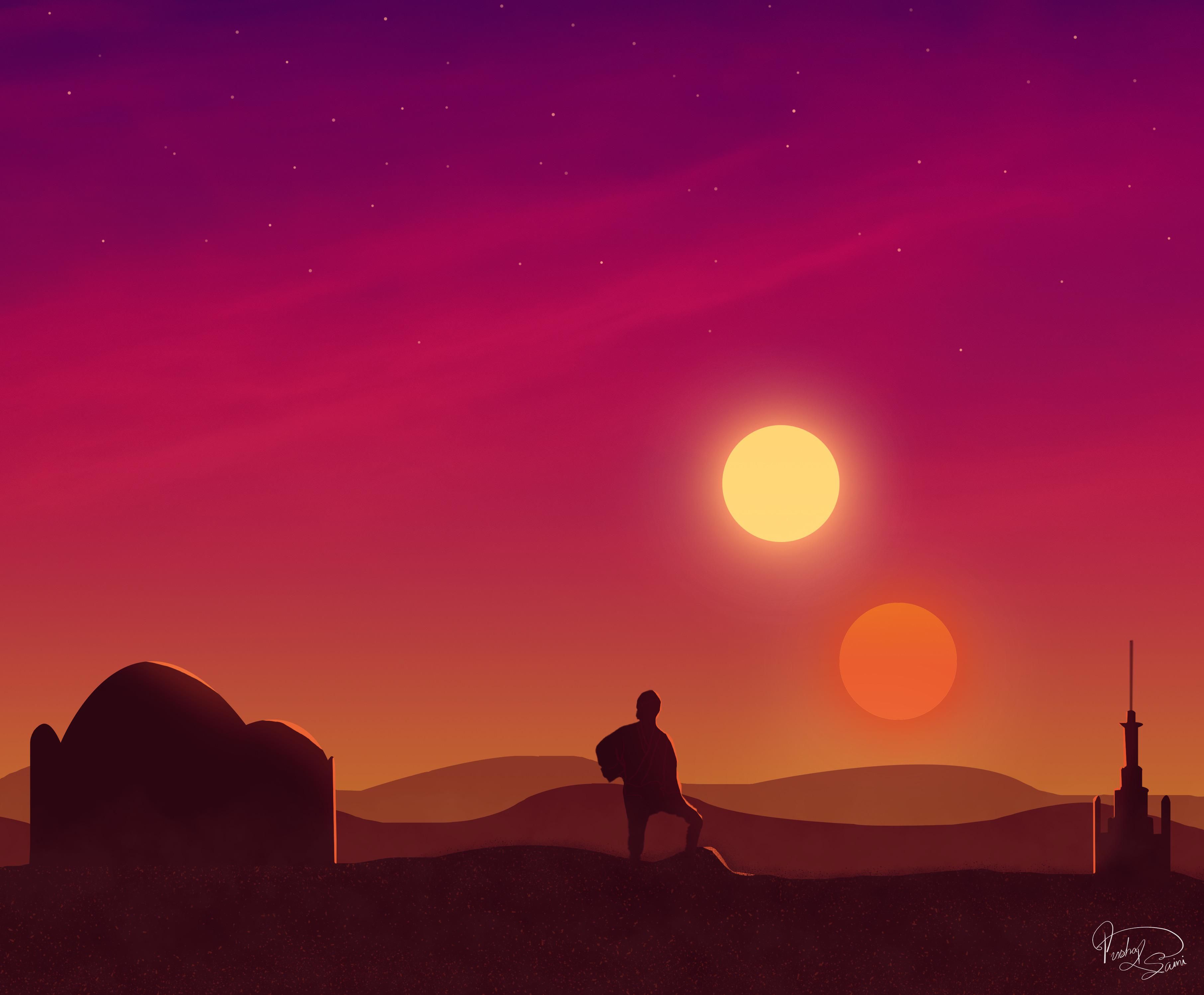 The Binary Sunset was the moment I feel in love with star wars. Star wars painting, Star wars wallpaper, Star wars image