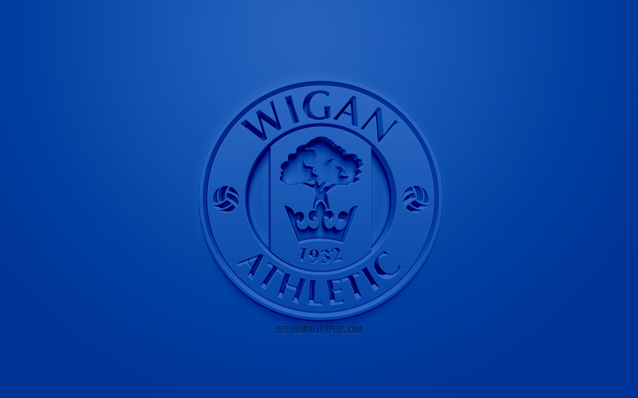 Download wallpaper Wigan Athletic FC, creative 3D logo, blue background, 3D emblem, English football club, EFL Championship, Wigan, England, United Kingdom, English Football League Championship, 3D art, football, 3D logo for desktop